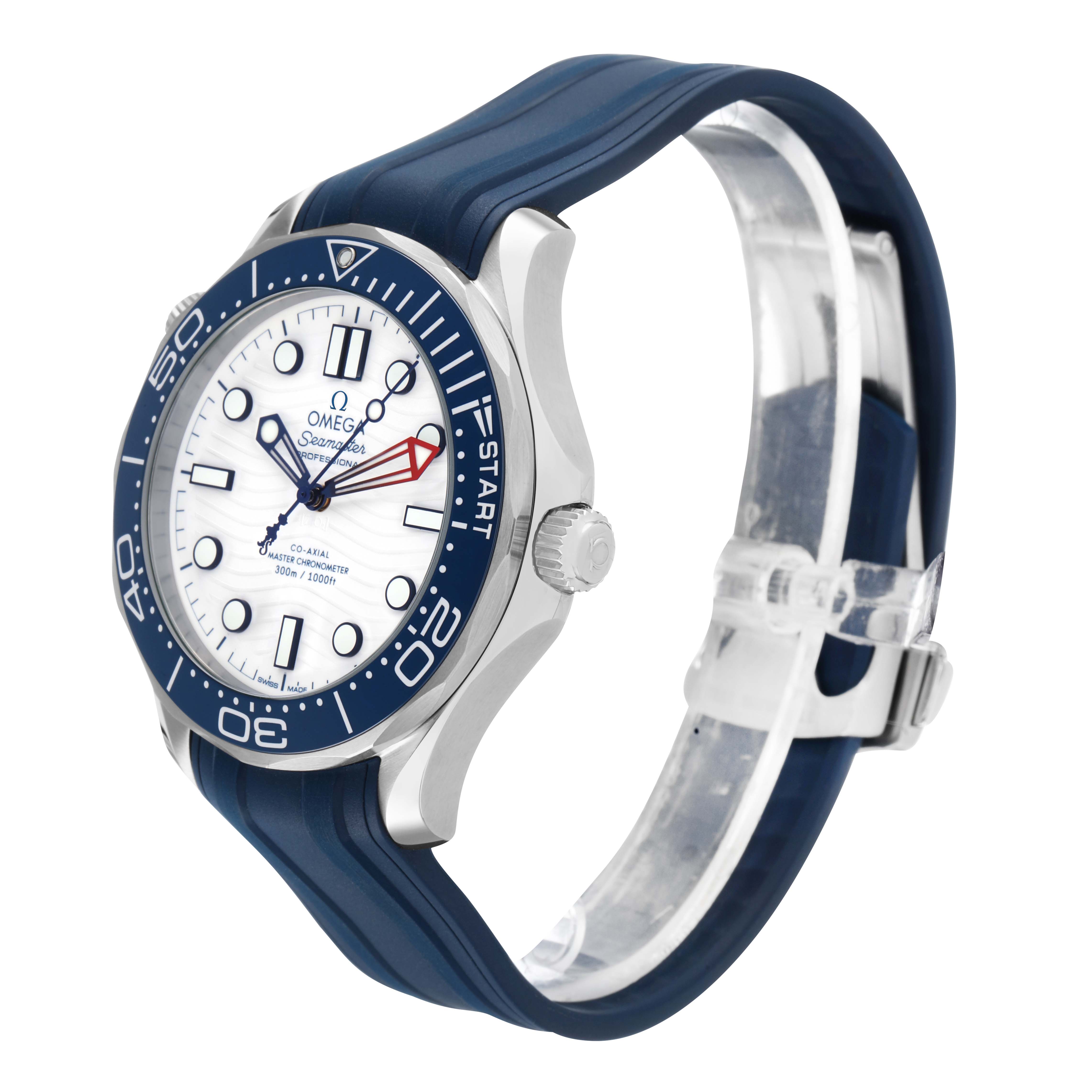 The Omega Seamaster 210.32.42.20.04.002 Men's Stainless Steel White Dial watch is shown at an angled side view, displaying the blue bezel, white dial, crown, and strap.