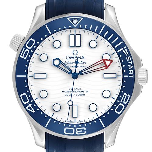 The image shows a front view of the Omega Seamaster 210.32.42.20.04.002 Men's Stainless Steel White Dial watch, highlighting its blue bezel and white dial with blue indices.