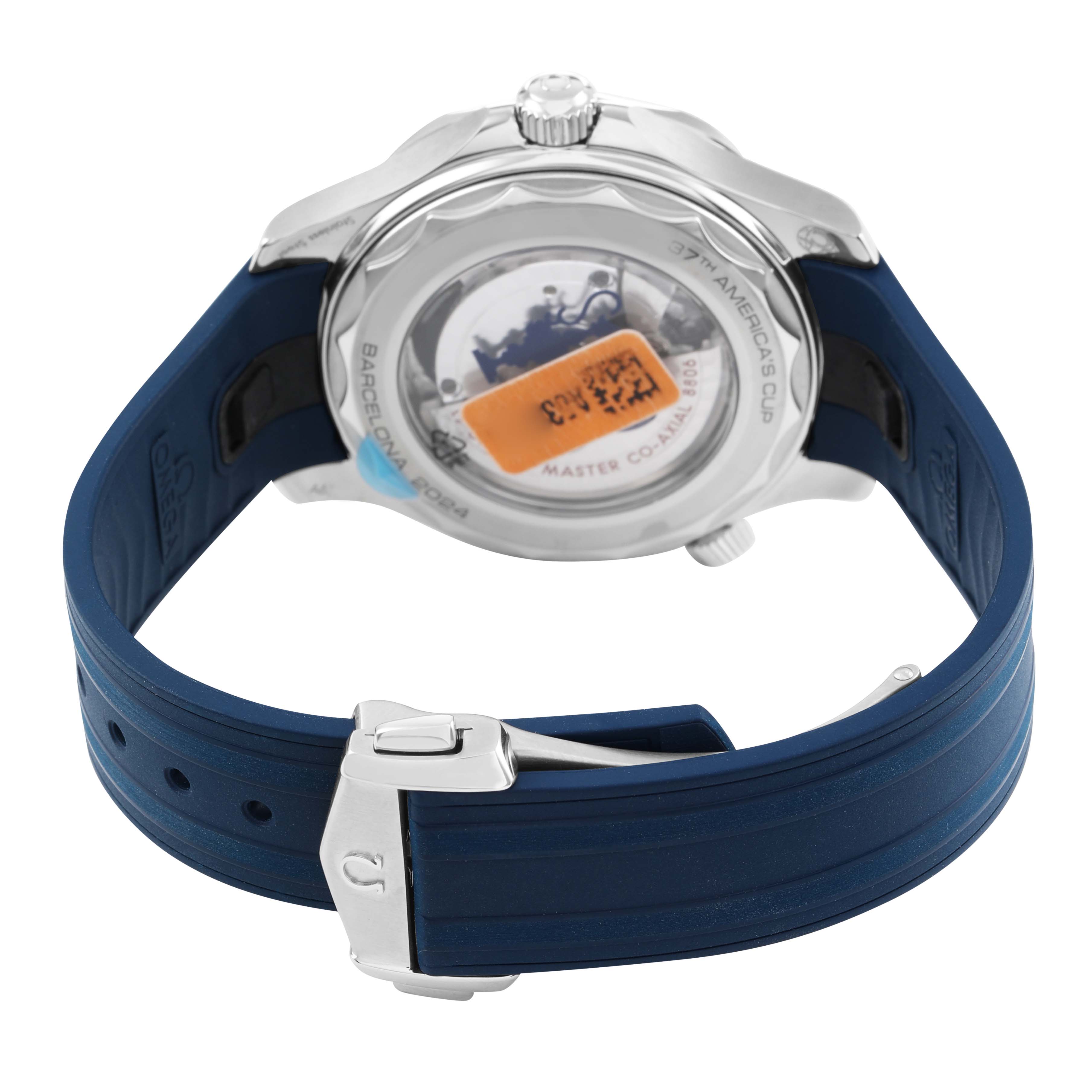 The image shows the back of the Omega Seamaster 210.32.42.20.04.002 Men's Stainless Steel White Dial watch, highlighting the case back and blue strap with a clasp.