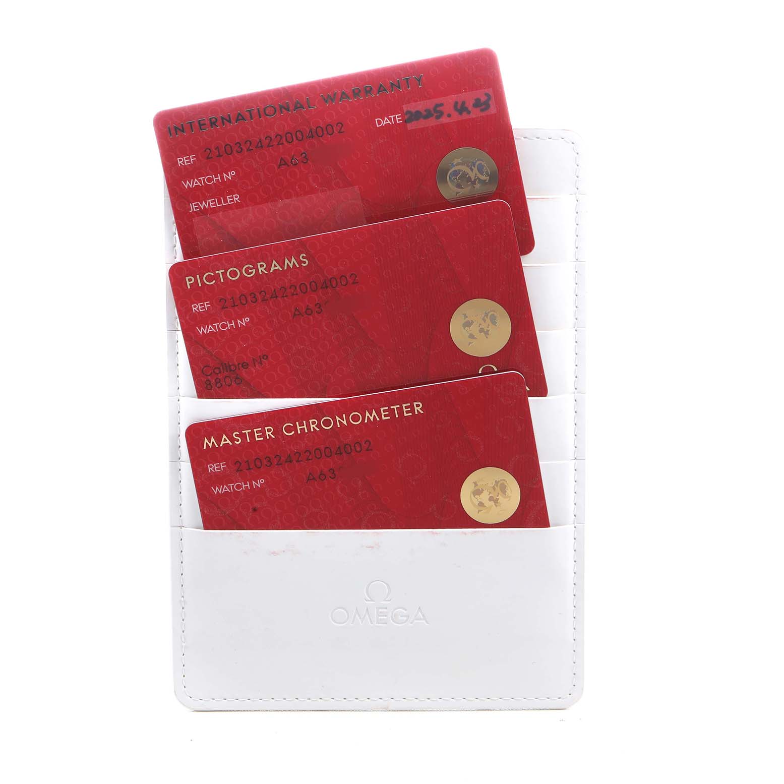 The image shows Omega Seamaster 210.32.42.20.04.002 Men's Stainless Steel White Dial model accessories, including warranty and certification cards in a cardholder.