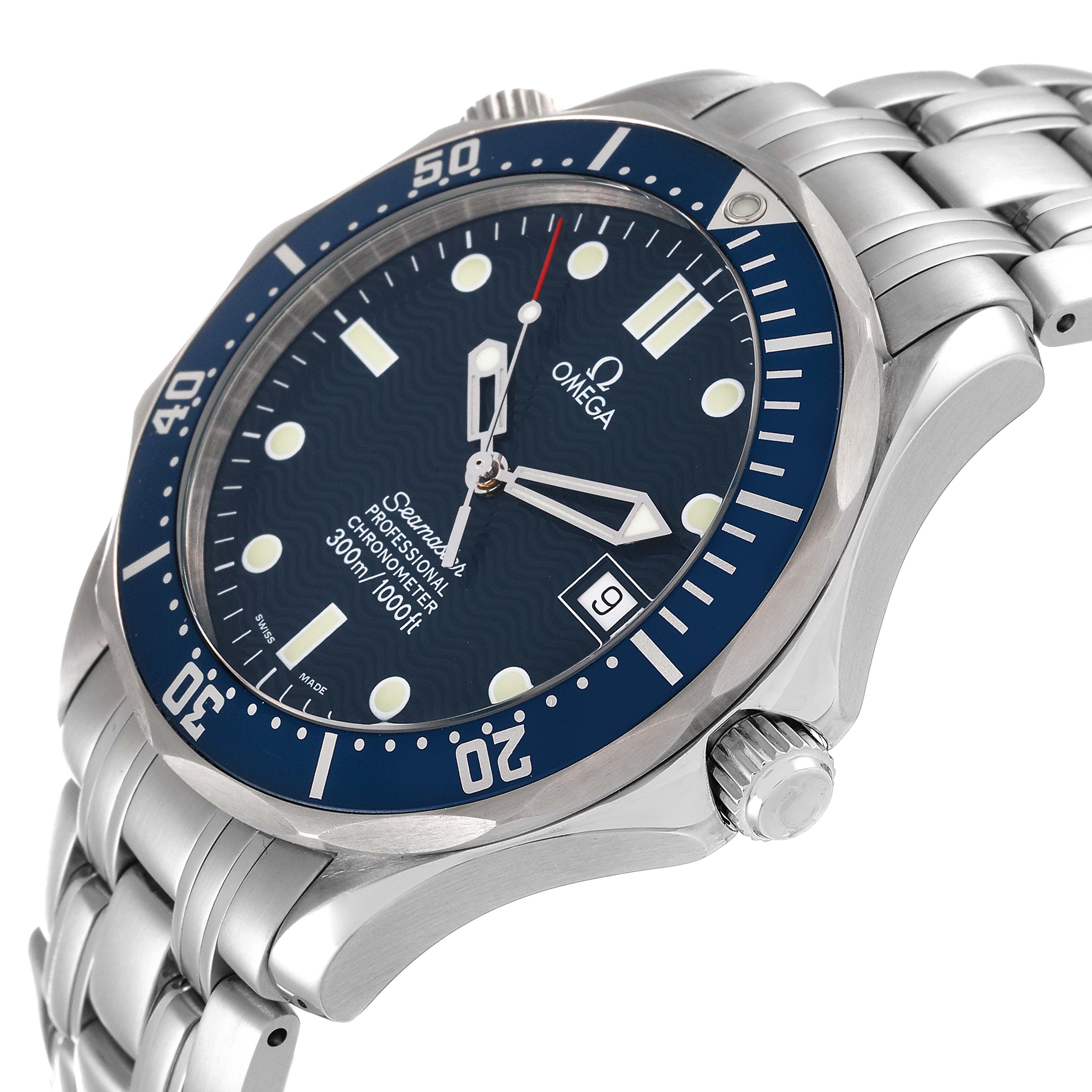 The image shows an angled close-up of the Omega Seamaster 2531.80.00 Men's Stainless Steel Blue Dial 2531.80.00 Men's Stainless Steel Blue Dial watch, highlighting its dial, bezel, and metal bracelet.