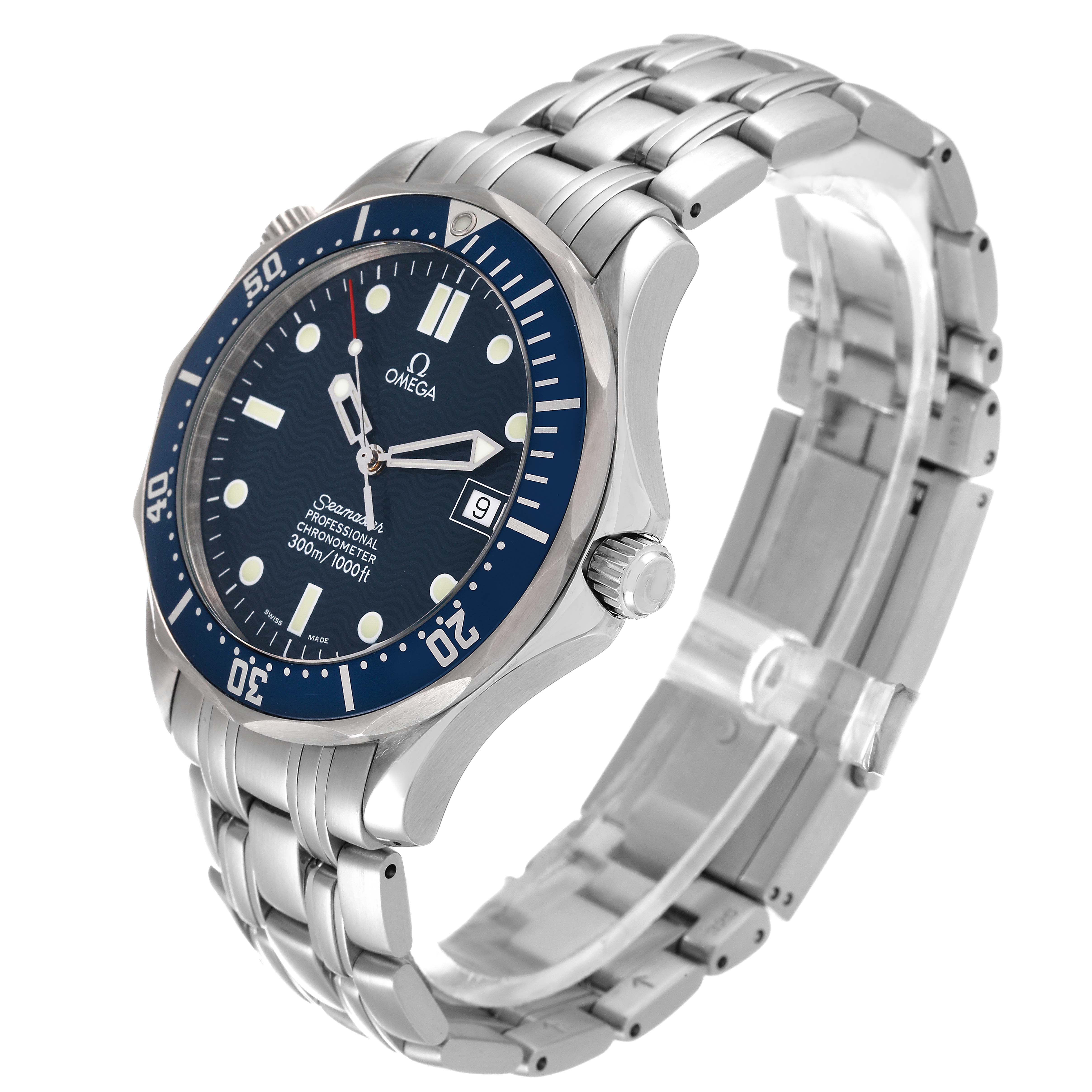 The image shows an angled view of the Omega Seamaster 2531.80.00 Men's Stainless Steel Blue Dial 2531.80.00 Men's Stainless Steel Blue Dial watch, displaying its face, bezel, crown, and metal bracelet.