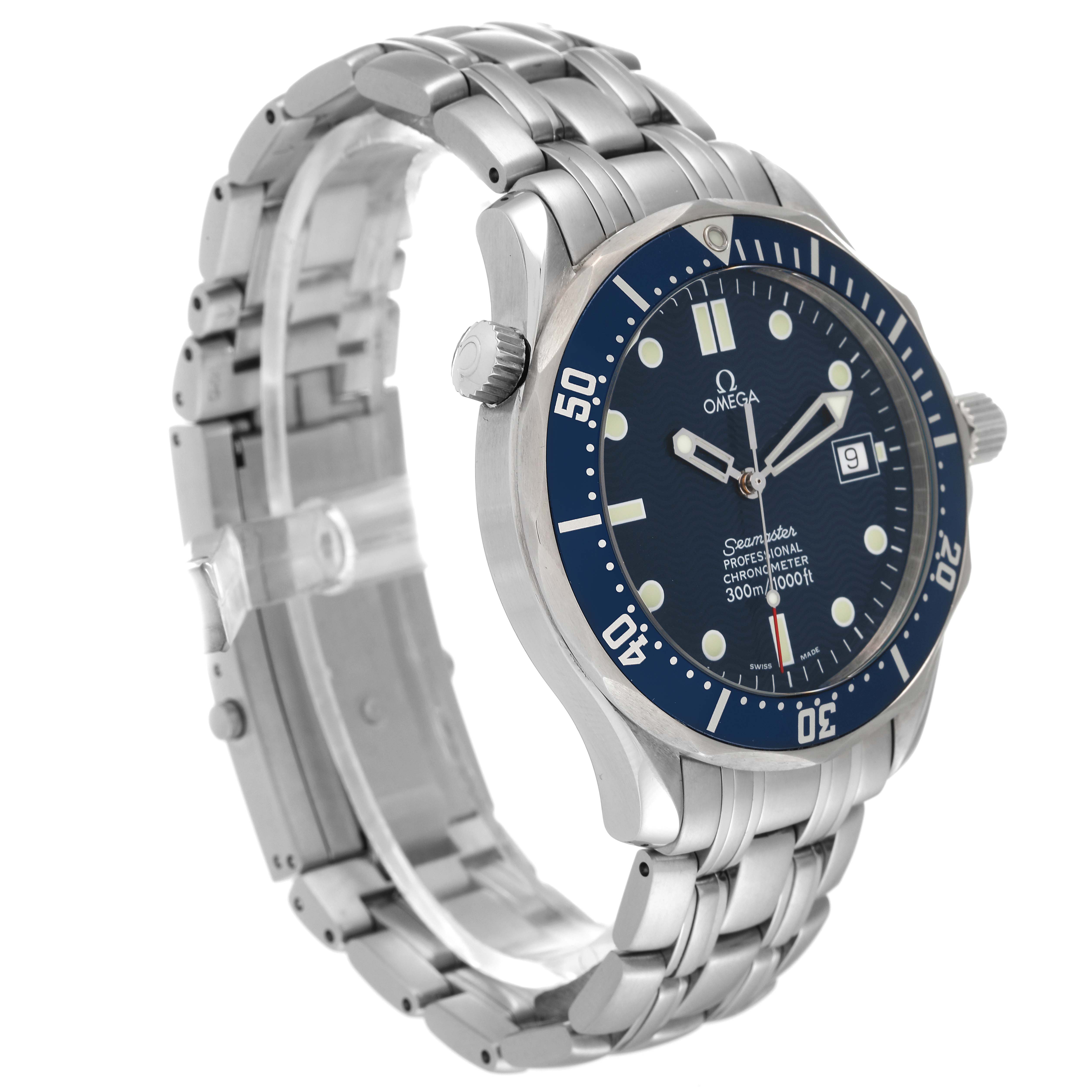 The image shows a profile angle of the Omega Seamaster 2531.80.00 Men's Stainless Steel Blue Dial 2531.80.00 Men's Stainless Steel Blue Dial watch, highlighting its bezel, dial, bracelet, and crown.