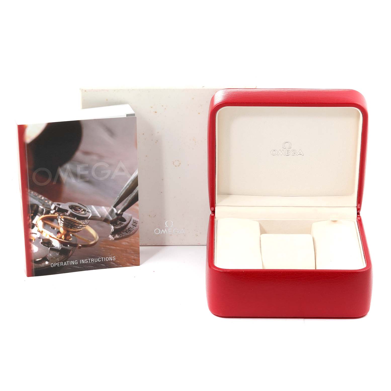 The image shows an Omega Seamaster 2531.80.00 Men's Stainless Steel Blue Dial 2531.80.00 Men's Stainless Steel Blue Dial's red watch case, operating instructions booklet, and outer packaging from a straight-on angle.