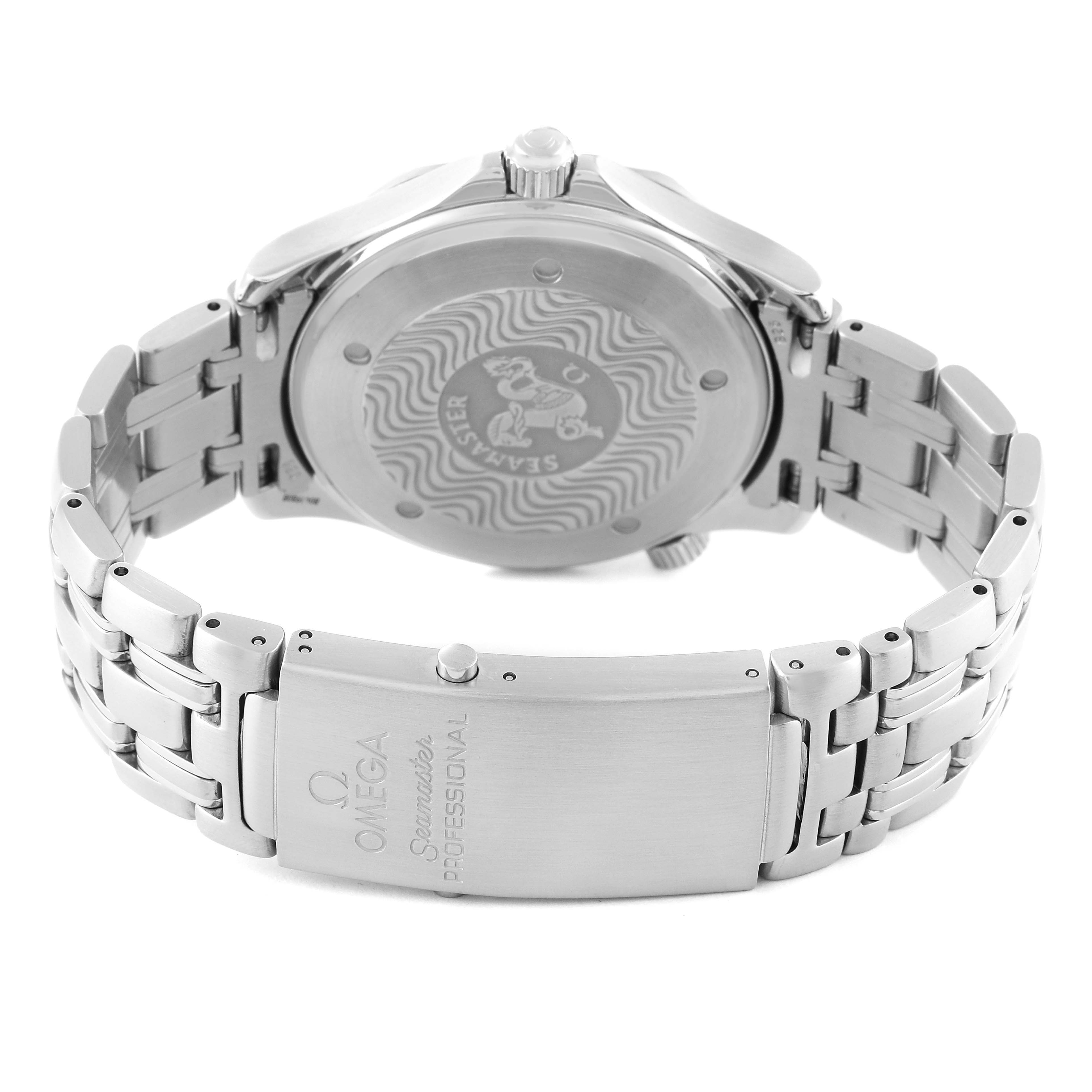 This image shows the back and clasp of an Omega Seamaster 2531.80.00 Men's Stainless Steel Blue Dial 2531.80.00 Men's Stainless Steel Blue Dial watch, highlighting the wave pattern and branding on the case back and clasp.