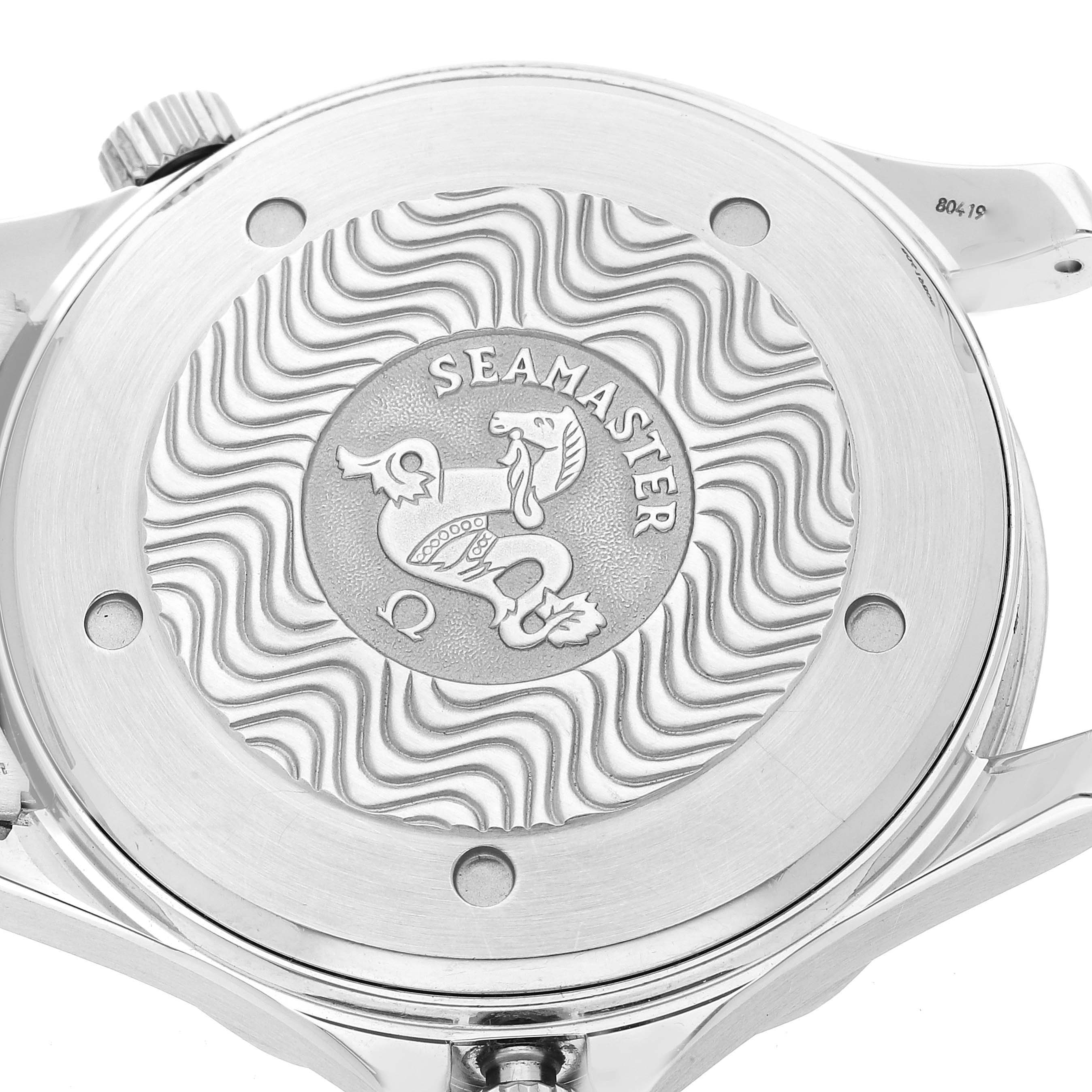 This is a close-up image showing the case back of the Omega Seamaster 2531.80.00 Men's Stainless Steel Blue Dial 2531.80.00 Men's Stainless Steel Blue Dial watch, featuring the engraved Seamaster emblem.