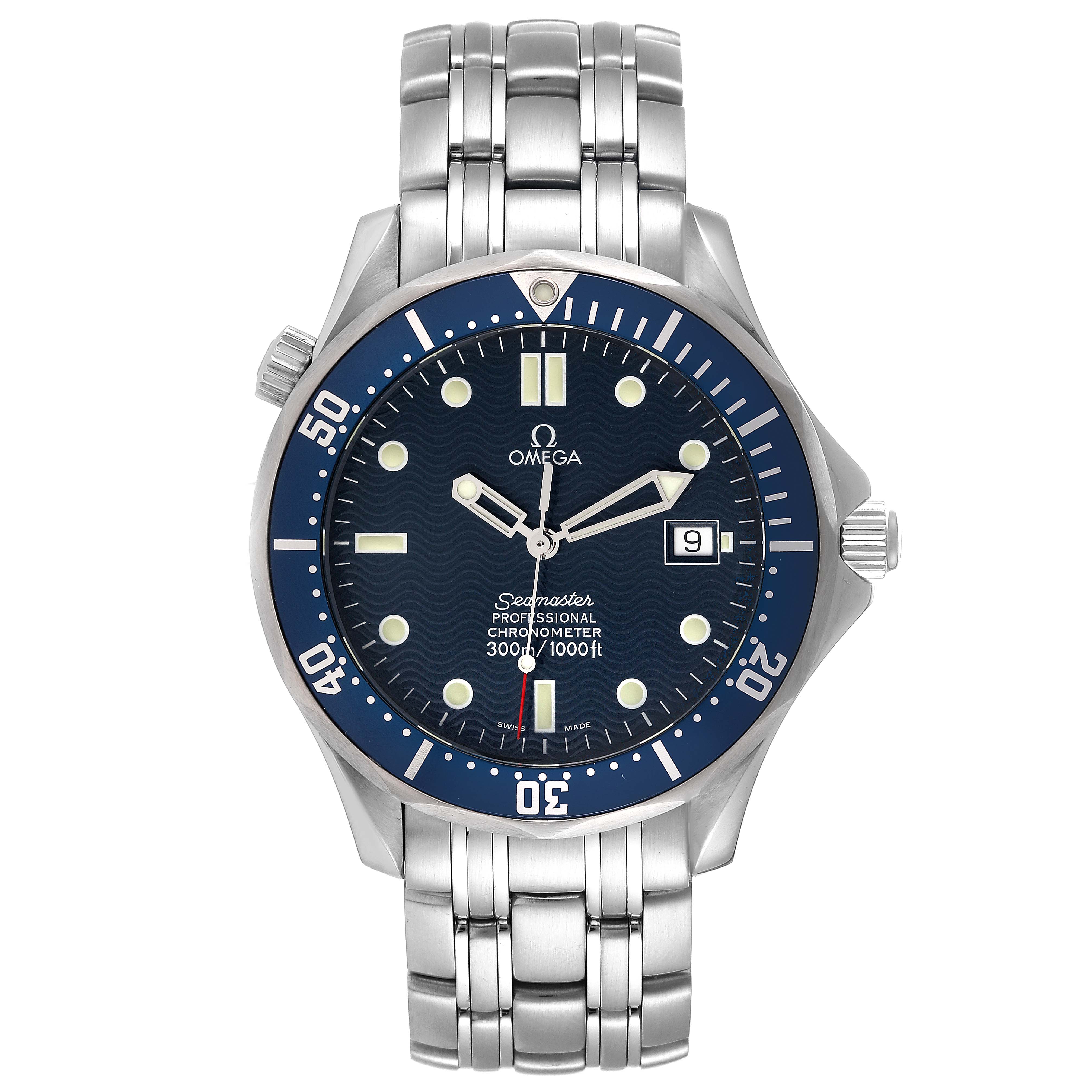 The image shows a front view of the Omega Seamaster 2531.80.00 Men's Stainless Steel Blue Dial 2531.80.00 Men's Stainless Steel Blue Dial watch, highlighting its blue dial, bezel, and stainless steel bracelet.