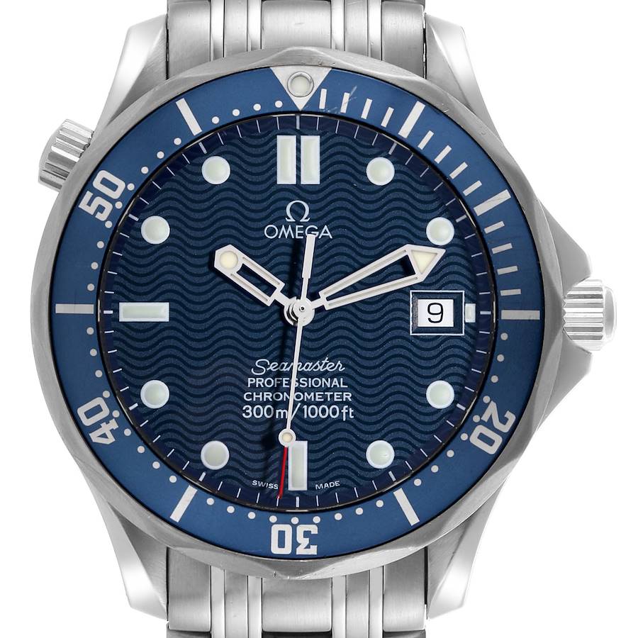 The Omega Seamaster watch is shown from the front, displaying the dial, bezel, hands, date window, and part of the bracelet.