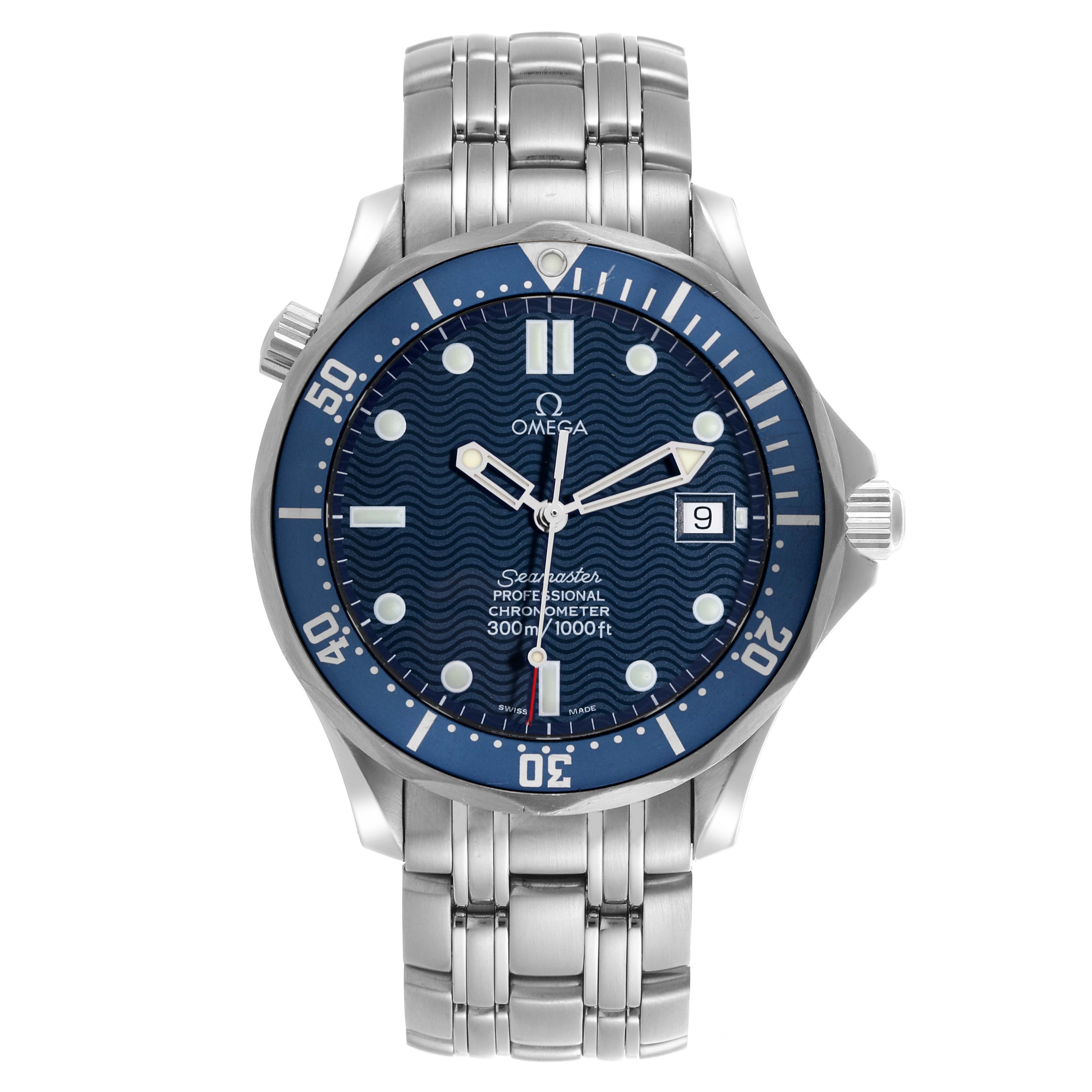 The Omega Seamaster 2531.80.00 Men
s Stainless Steel Blue Dial 2531.80.00 Men
s Stainless Steel Blue Dial watch is shown from a front angle, displaying its dial, bezel, hands, bracelet, and crown.