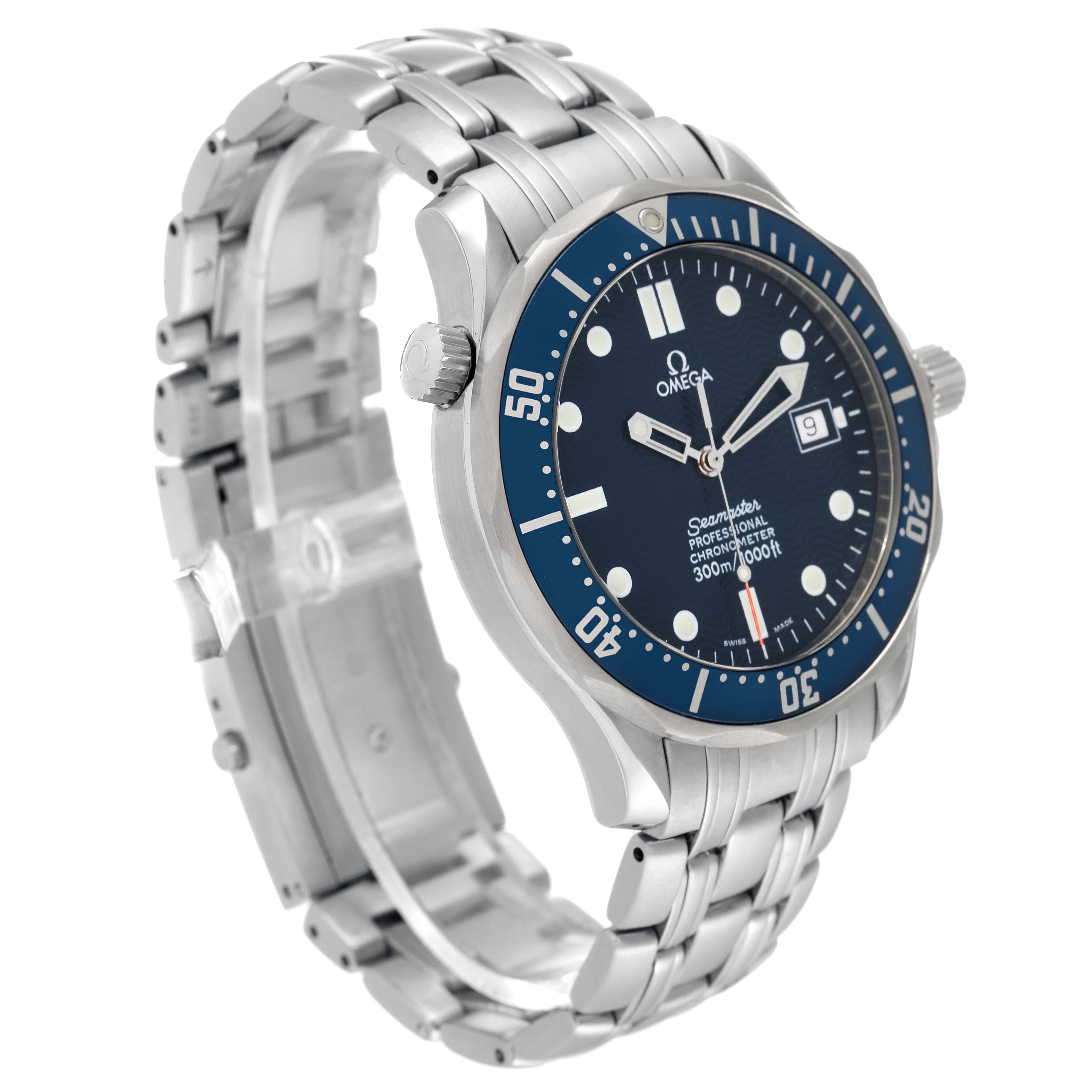 The image shows an angled view of an Omega Seamaster 2531.80.00 Men's Stainless Steel Blue Dial 2531.80.00 Men's Stainless Steel Blue Dial watch, displaying the face, bezel, crown, and a portion of the bracelet.