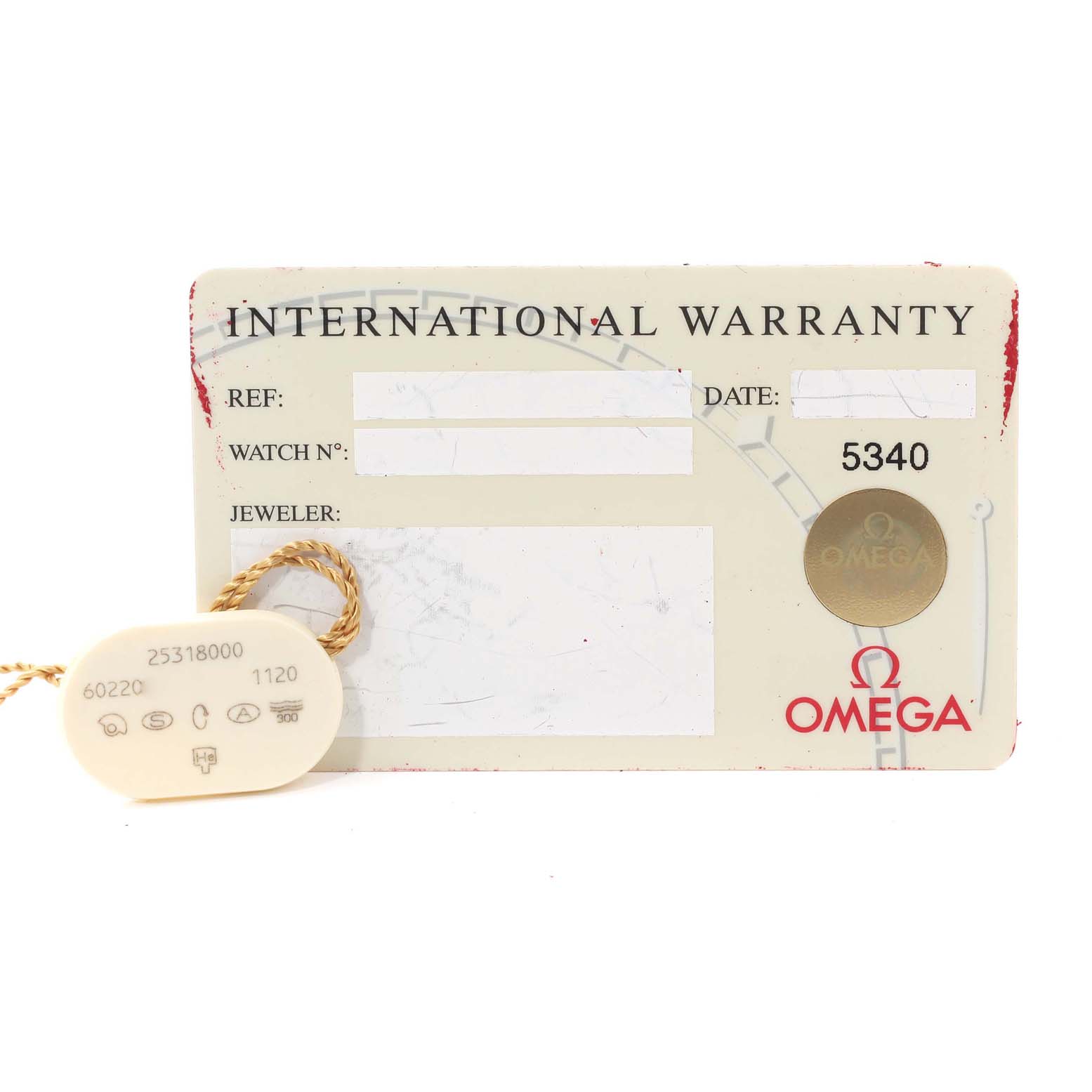 The image shows an Omega Seamaster 2531.80.00 Men's Stainless Steel Blue Dial 2531.80.00 Men's Stainless Steel Blue Dial International Warranty card and a tag with details.