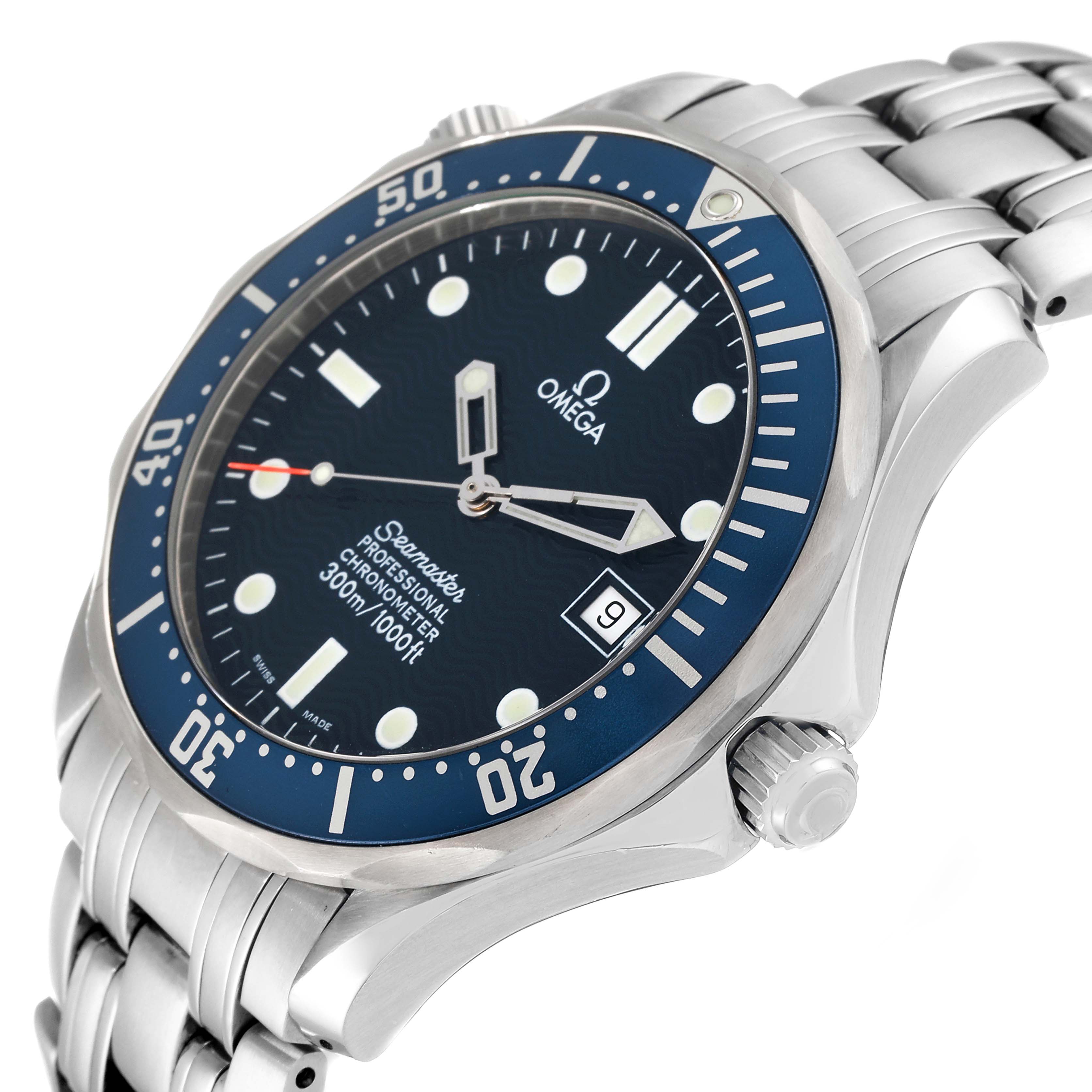 This image shows the front and partial side view of an Omega Seamaster 2531.80.00 Men's Stainless Steel Blue Dial 2531.80.00 Men's Stainless Steel Blue Dial watch, highlighting its dial, bezel, and bracelet.