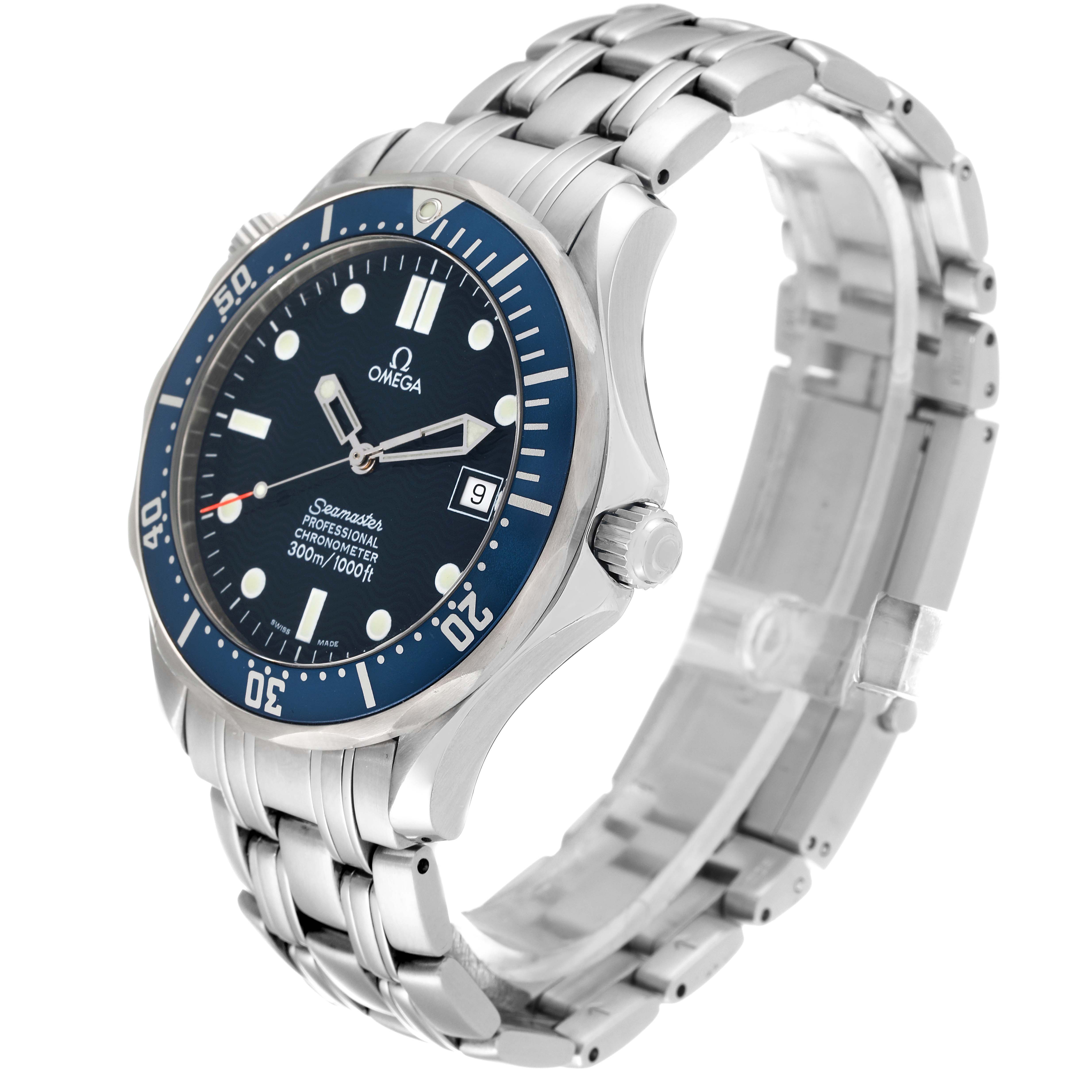 The Omega Seamaster 2531.80.00 Men's Stainless Steel Blue Dial 2531.80.00 Men's Stainless Steel Blue Dial watch is shown at a slight angle, highlighting the face, bezel, and metal bracelet.