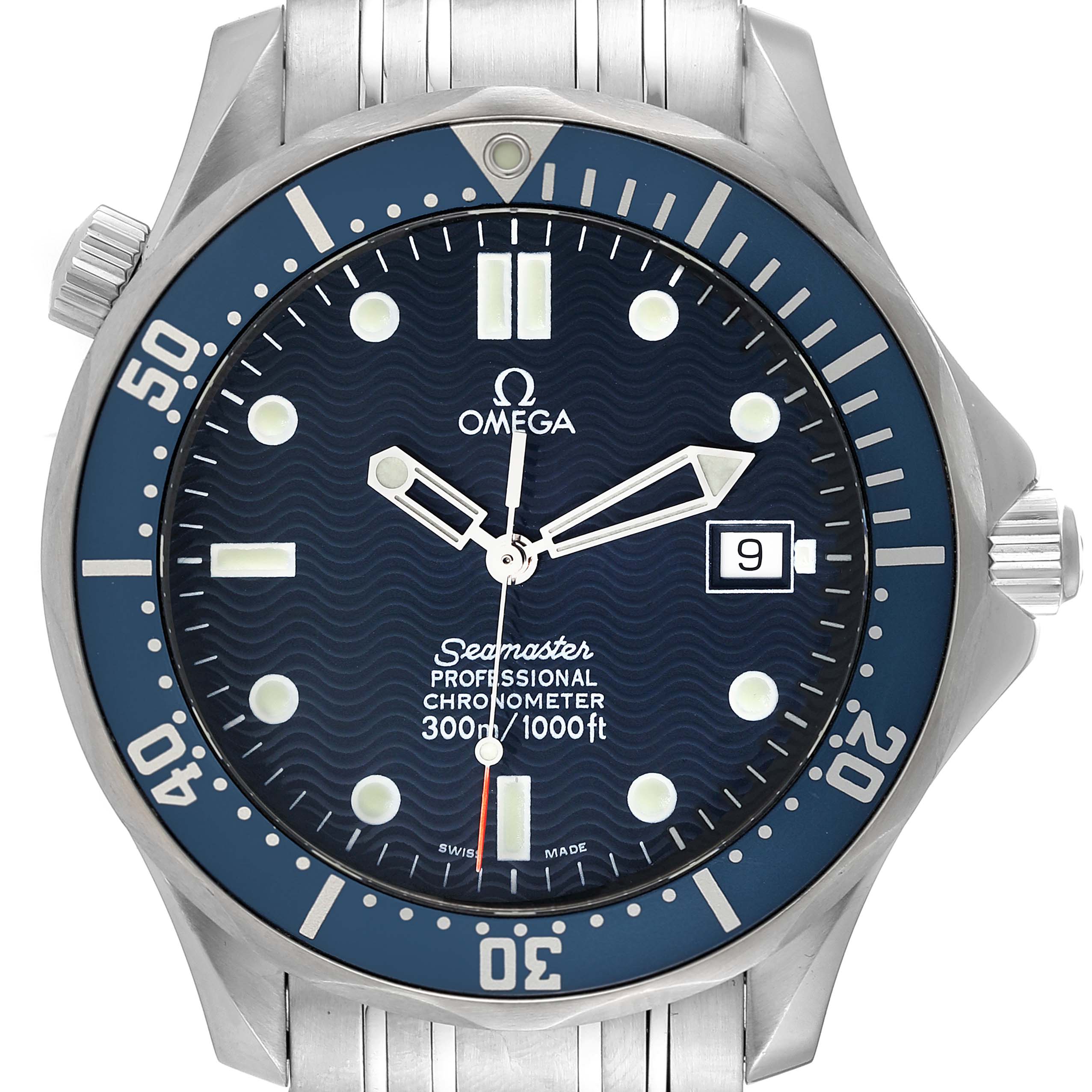 The image shows a front view of an Omega Seamaster 2531.80.00 Men's Stainless Steel Blue Dial 2531.80.00 Men's Stainless Steel Blue Dial watch, displaying its face, bezel, and part of the bracelet.