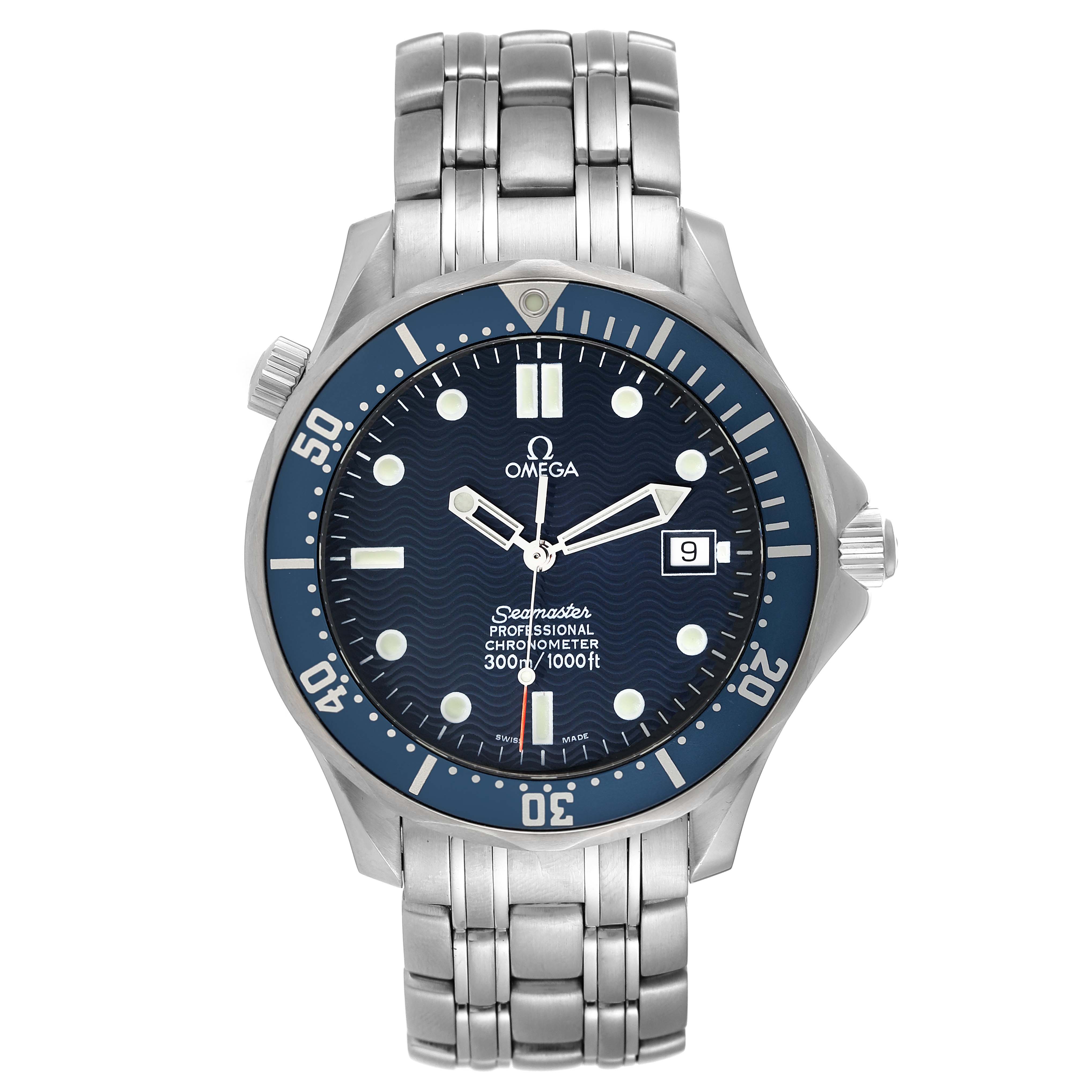 The image shows a front view of an Omega Seamaster 2531.80.00 Men's Stainless Steel Blue Dial 2531.80.00 Men's Stainless Steel Blue Dial watch, including its face, bezel, and stainless steel bracelet.