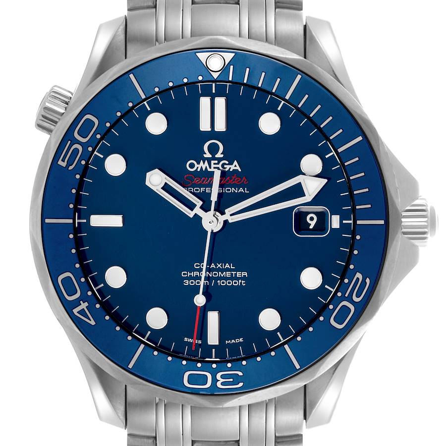 The Omega Seamaster watch is shown from a frontal angle, displaying the dial, bezel, and part of the bracelet.