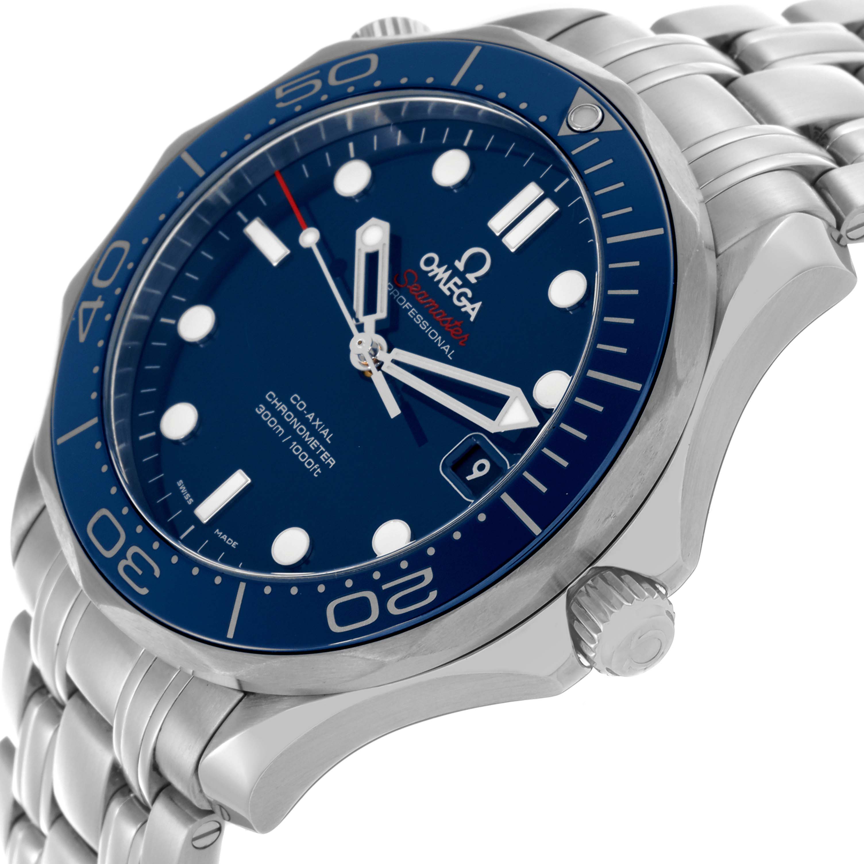 The Omega Seamaster 212.30.41.20.03.001 Men
s Stainless Steel Blue Dial 212.30.41.20.03.001 Men
s Stainless Steel Blue Dial watch is shown at a three-quarter angle, highlighting the dial, bezel, case, and bracelet.