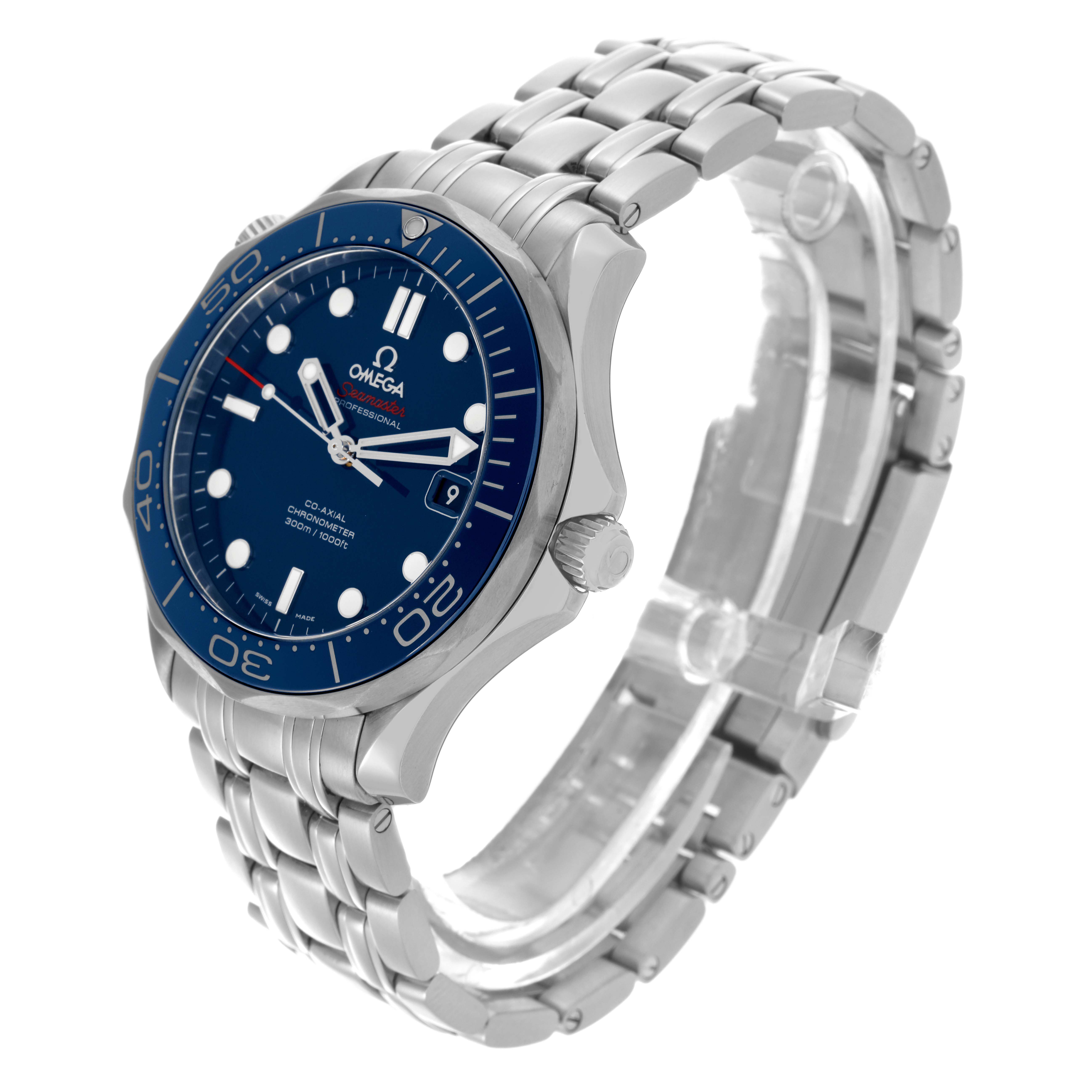 The Omega Seamaster 212.30.41.20.03.001 Men
s Stainless Steel Blue Dial 212.30.41.20.03.001 Men
s Stainless Steel Blue Dial watch is shown at a three-quarter angle, highlighting the face, bezel, crown, and metal bracelet.