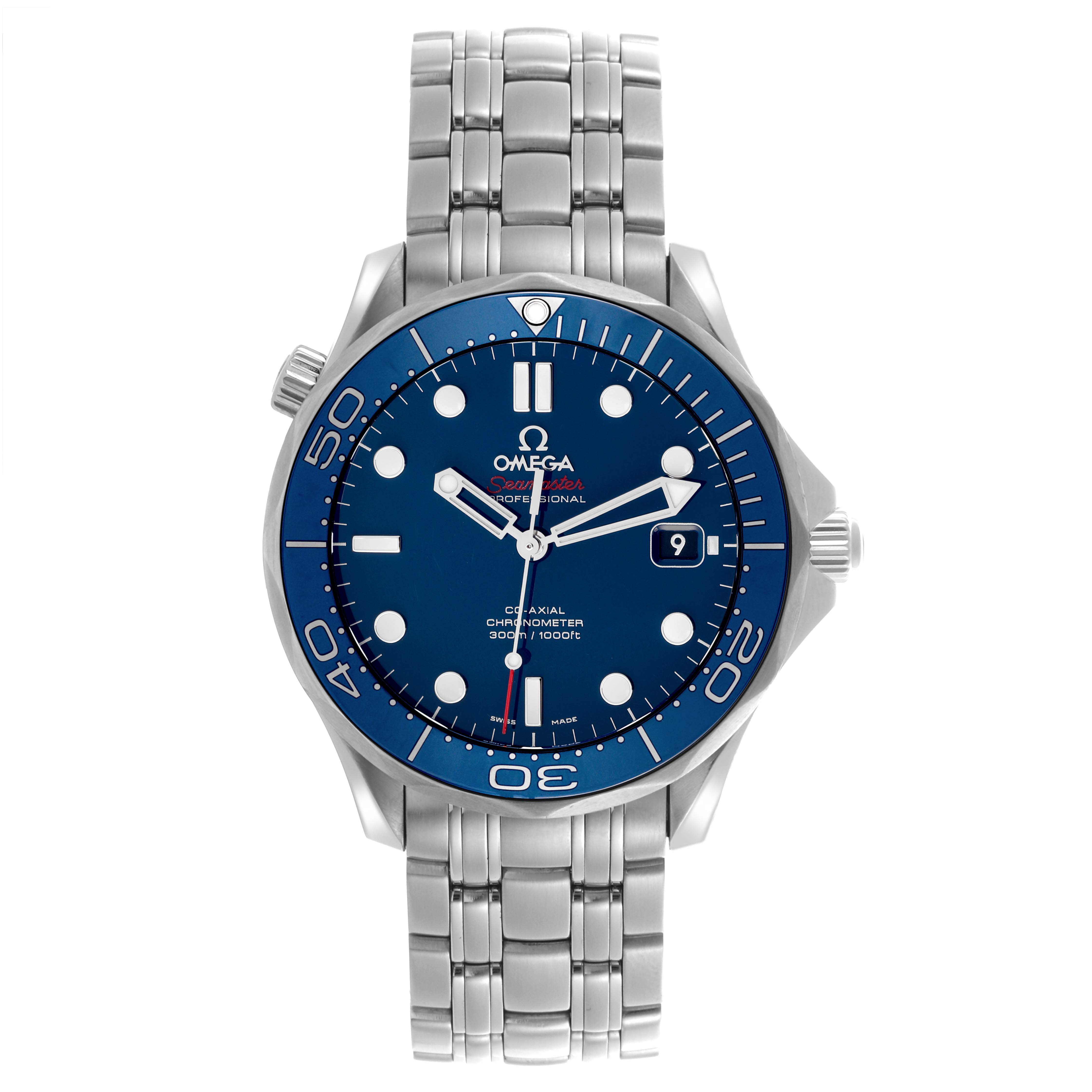 The Omega Seamaster 212.30.41.20.03.001 Men
s Stainless Steel Blue Dial 212.30.41.20.03.001 Men
s Stainless Steel Blue Dial watch is shown from a top-down angle, displaying the face, bezel, and stainless steel bracelet.