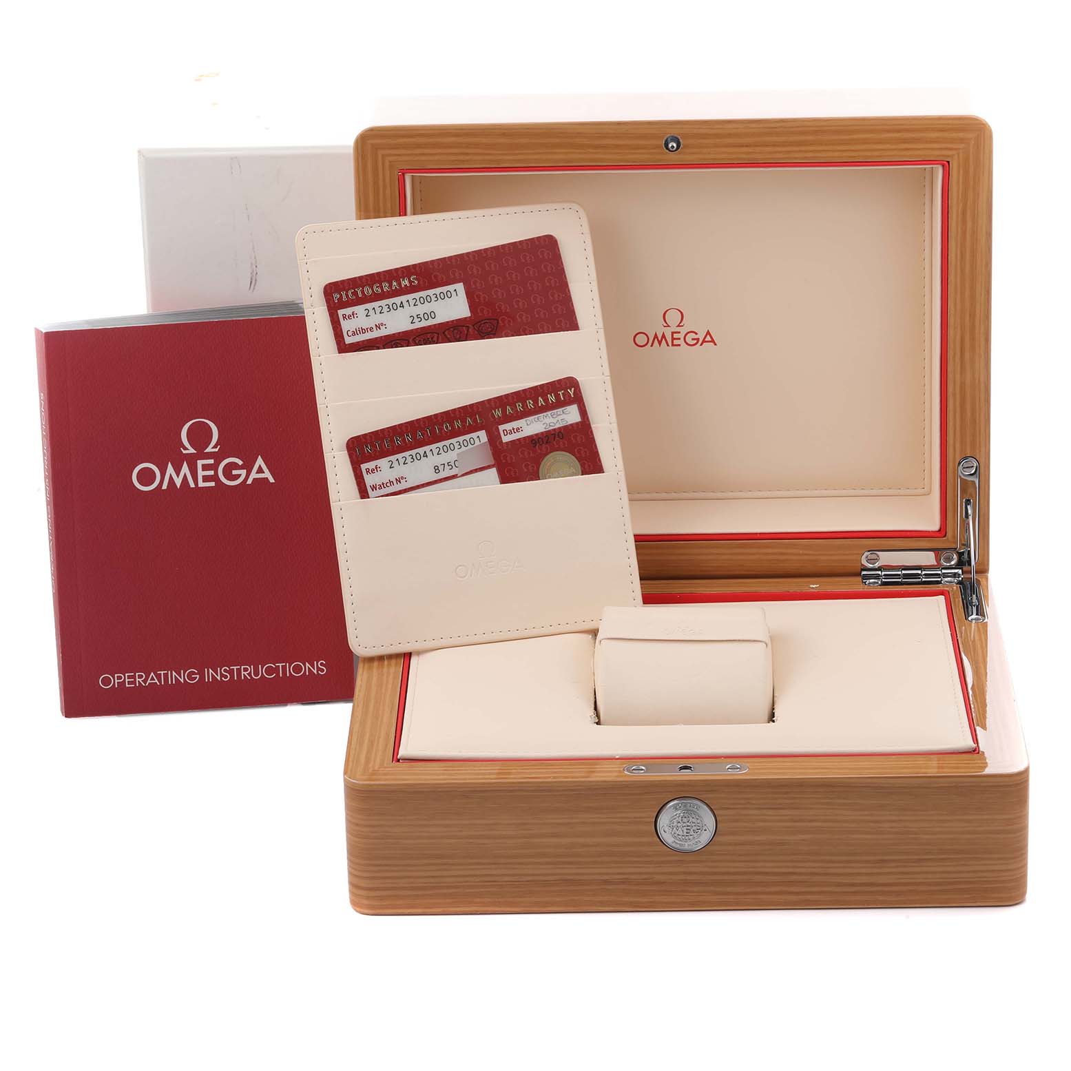 The Omega Seamaster 212.30.41.20.03.001 Men
s Stainless Steel Blue Dial 212.30.41.20.03.001 Men
s Stainless Steel Blue Dial watch packaging includes an open wooden box, instruction manual, and cardholder with warranty cards.