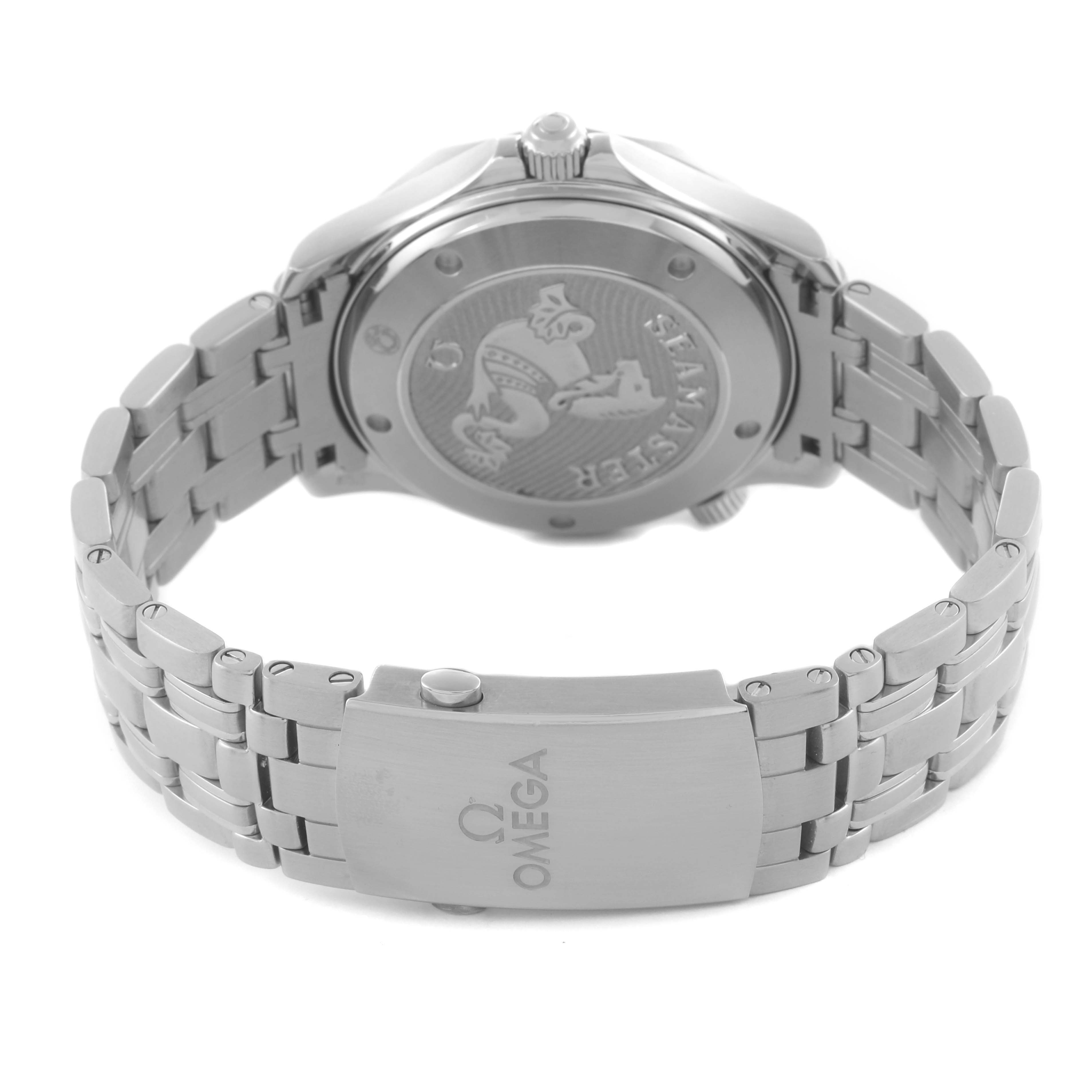 The image shows the back and bracelet of the Omega Seamaster 212.30.41.20.03.001 Men
s Stainless Steel Blue Dial 212.30.41.20.03.001 Men
s Stainless Steel Blue Dial, highlighting the case back and clasp.