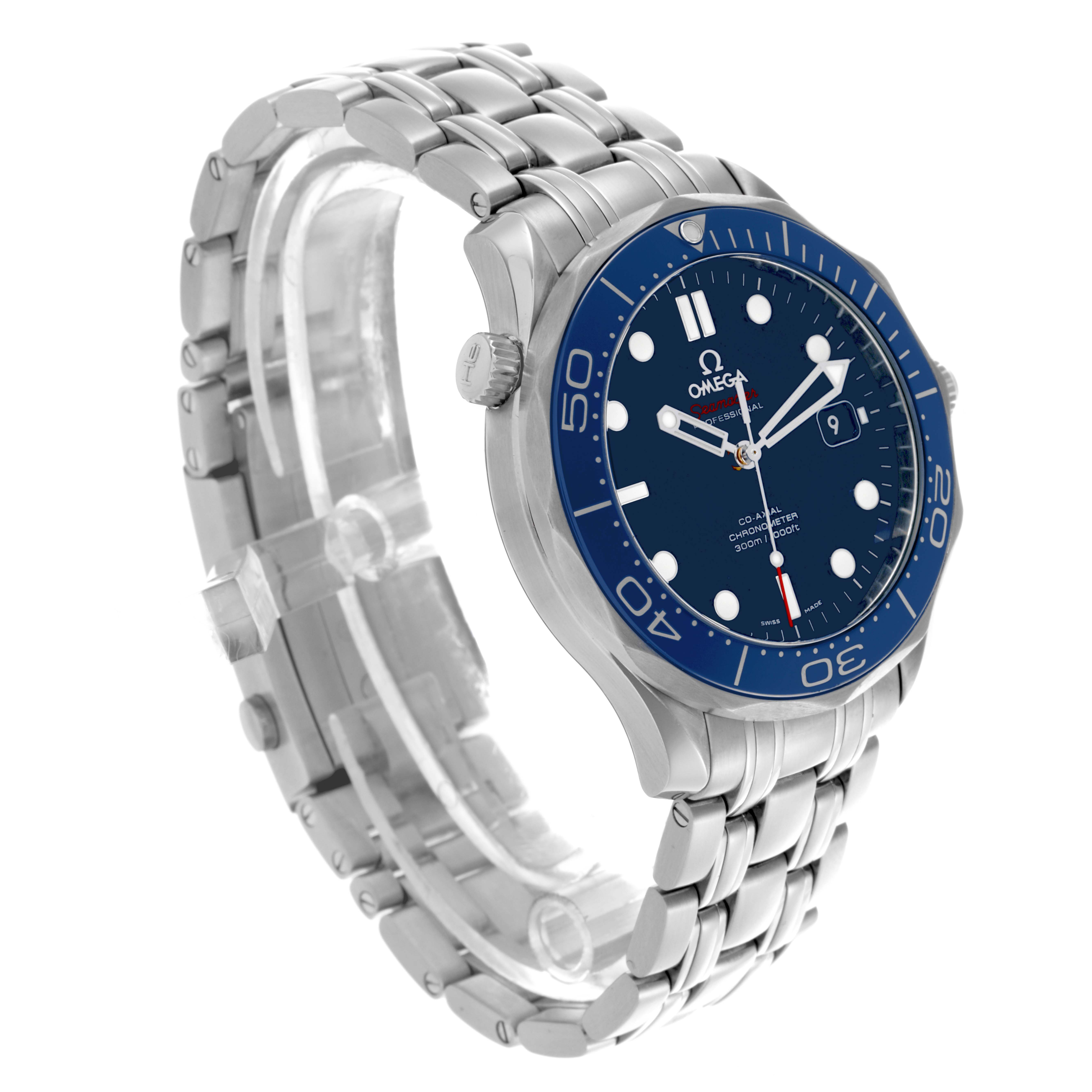 The Omega Seamaster 212.30.41.20.03.001 Men
s Stainless Steel Blue Dial 212.30.41.20.03.001 Men
s Stainless Steel Blue Dial watch is shown at a three-quarter angle, displaying the face, bezel, crown, and stainless steel bracelet.