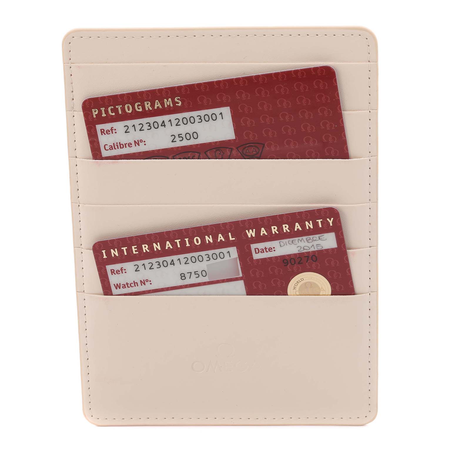 The image shows Omega Seamaster 212.30.41.20.03.001 Men
s Stainless Steel Blue Dial 212.30.41.20.03.001 Men
s Stainless Steel Blue Dial model warranty and pictogram cards in a cream-colored cardholder.