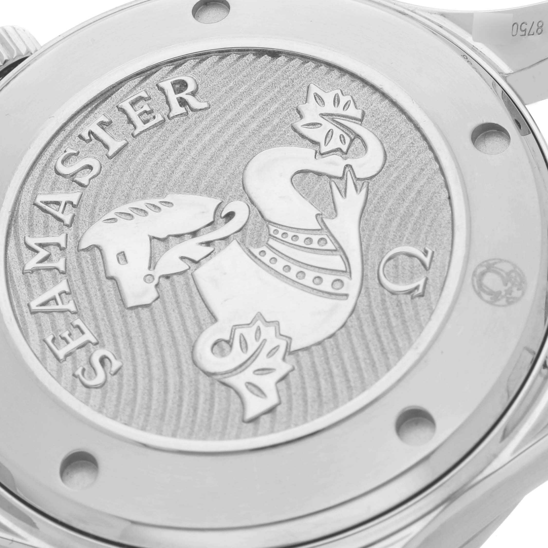 The image shows the back of an Omega Seamaster 212.30.41.20.03.001 Men
s Stainless Steel Blue Dial 212.30.41.20.03.001 Men
s Stainless Steel Blue Dial watch, featuring its emblem and engraved details.