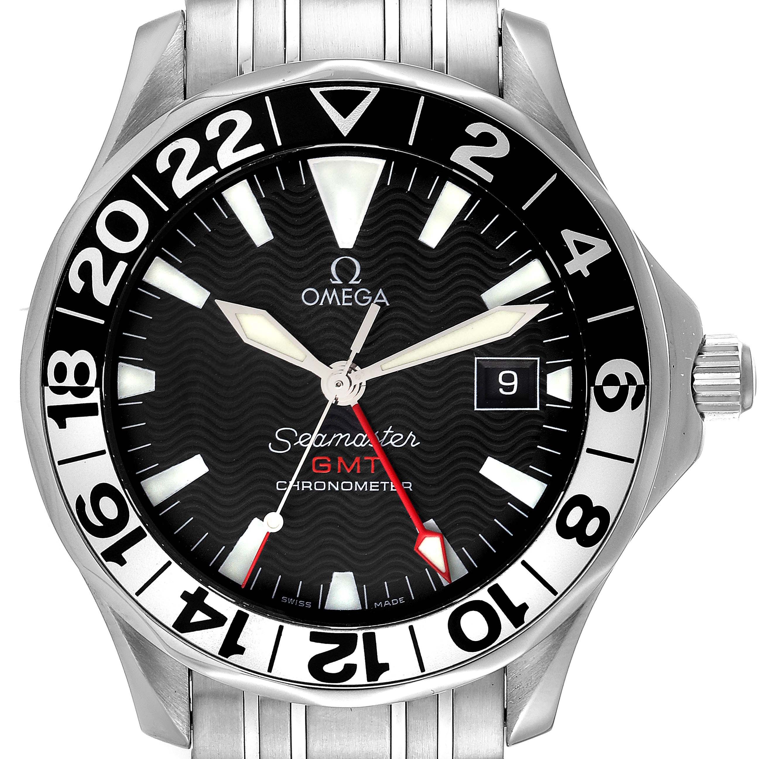 This image shows a front view of an Omega Seamaster 2234.50.00 Men's Stainless Steel Black Dial 2234.50.00 Men's Stainless Steel Black Dial GMT Chronometer watch, highlighting the dial, hands, bezel, and date window.