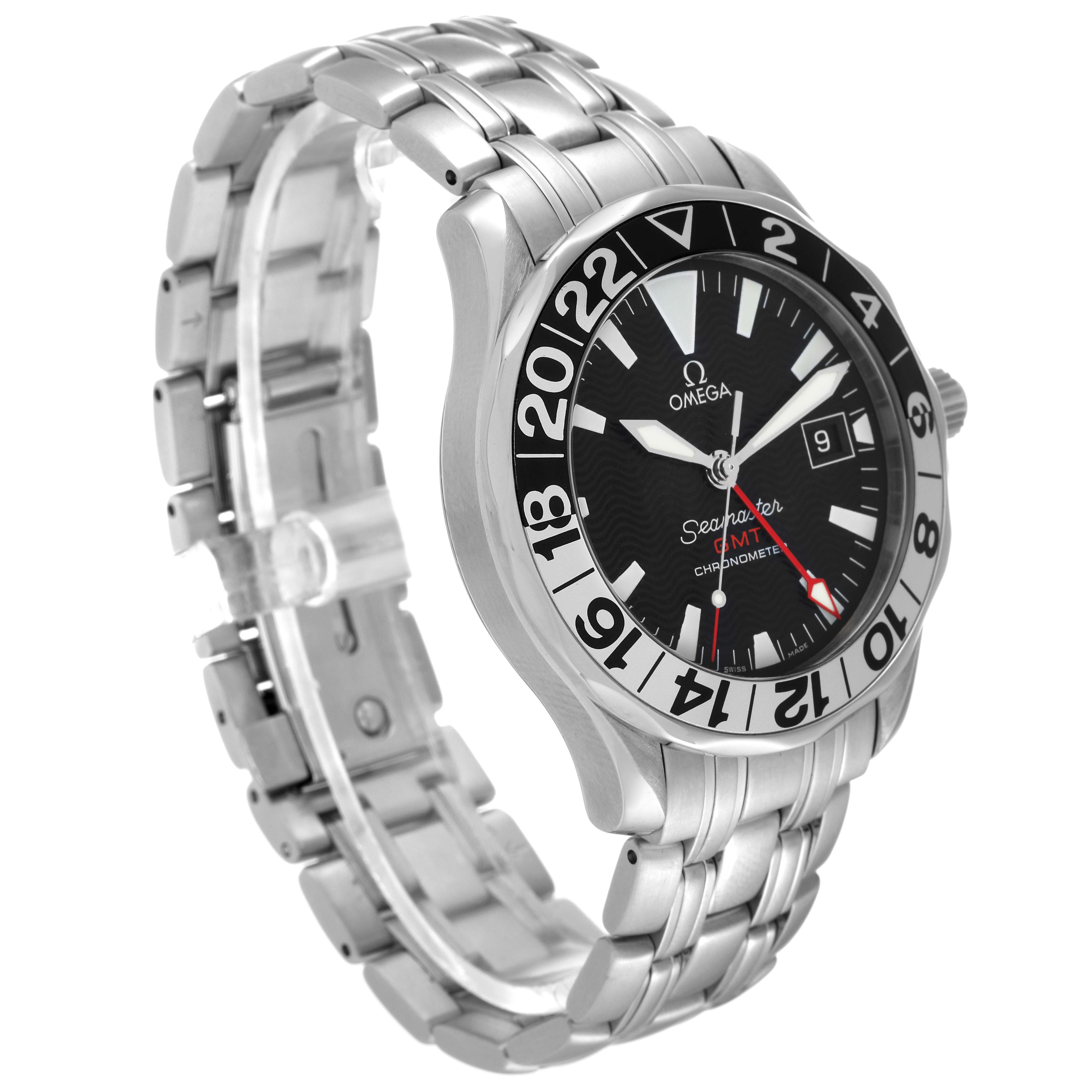 The image shows an angled view of the Omega Seamaster 2234.50.00 Men's Stainless Steel Black Dial 2234.50.00 Men's Stainless Steel Black Dial GMT watch, highlighting the bezel, dial, and stainless steel bracelet.