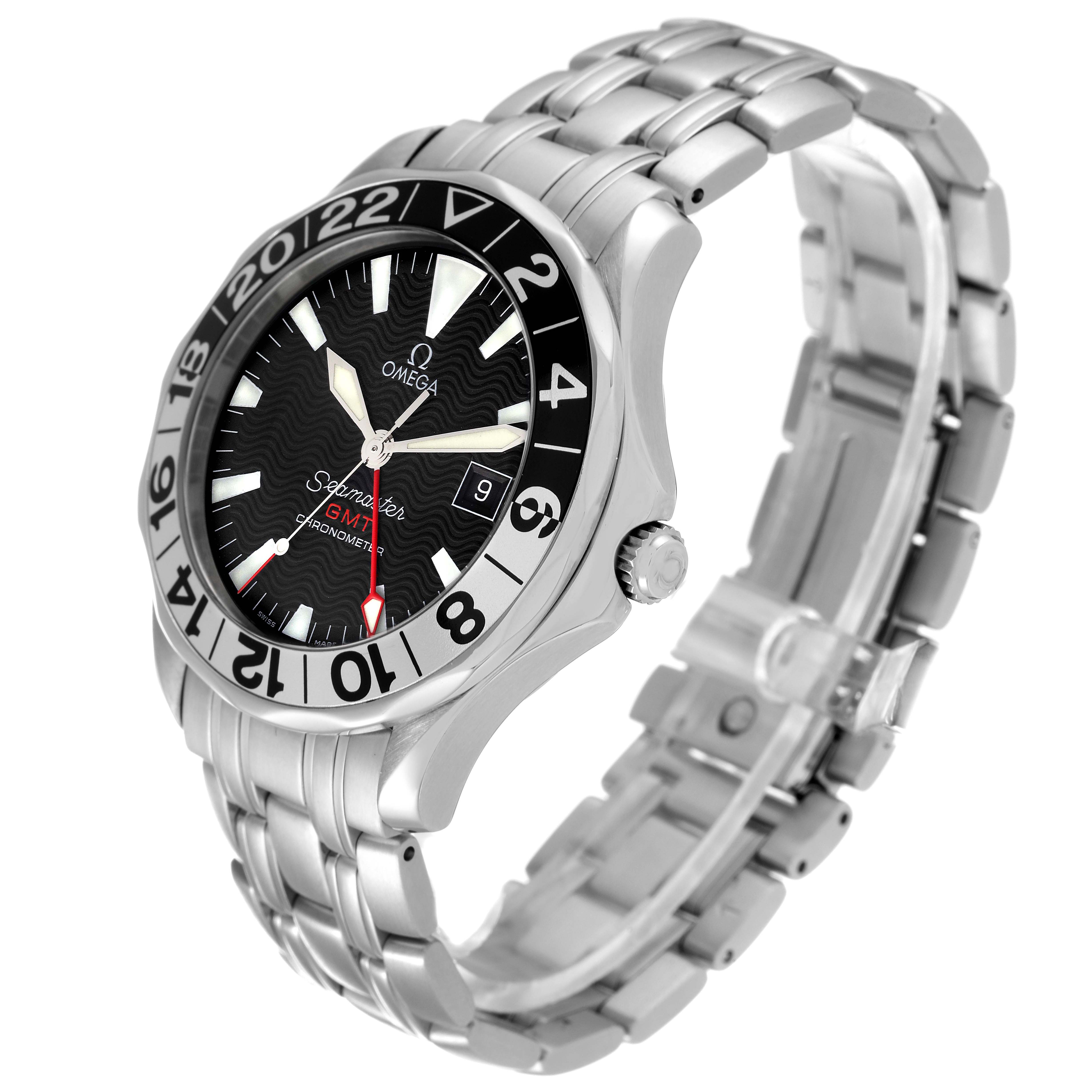 The Omega Seamaster 2234.50.00 Men's Stainless Steel Black Dial 2234.50.00 Men's Stainless Steel Black Dial watch is shown at a three-quarter angle, highlighting its bezel, dial, crown, and metal bracelet.
