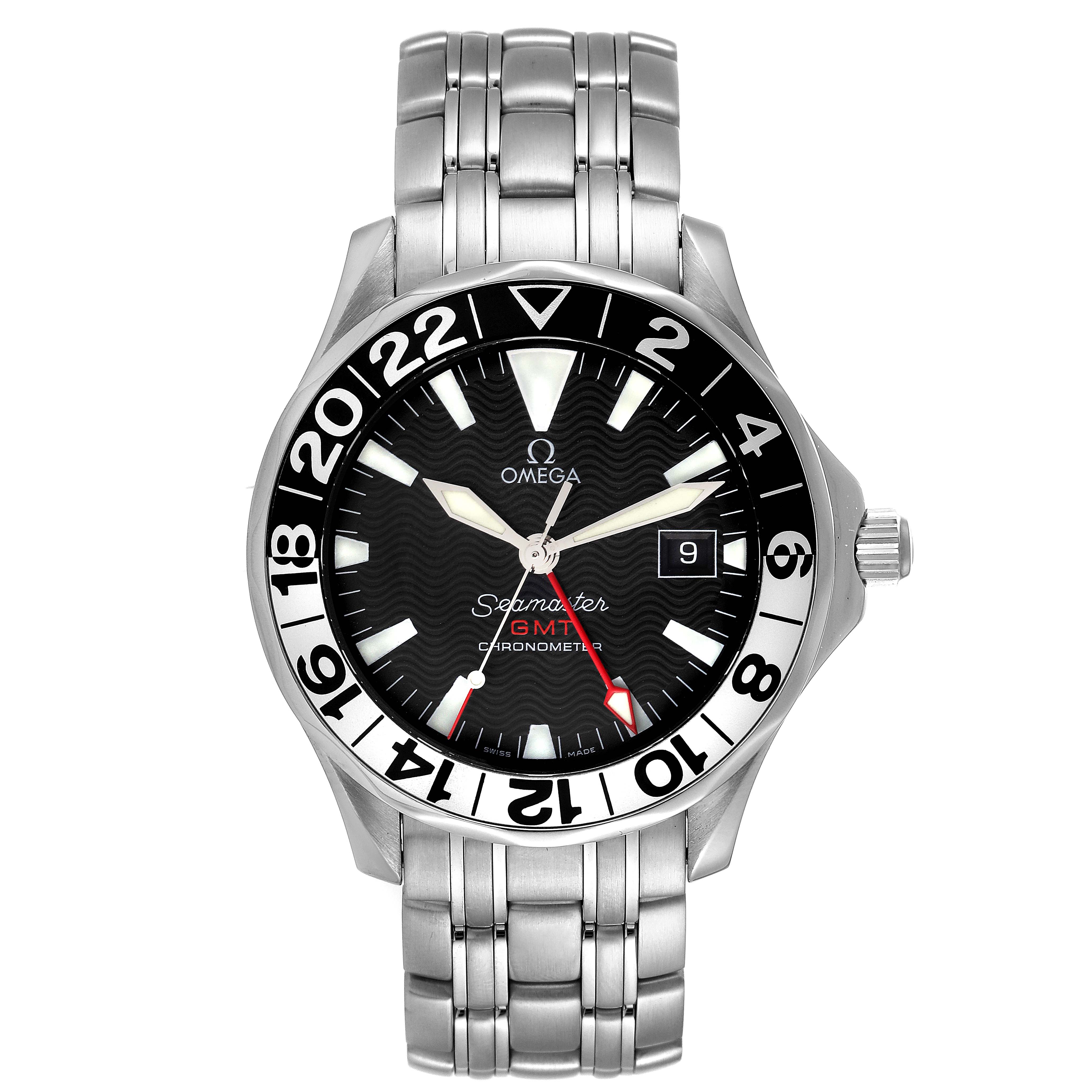 This image shows a front view of the Omega Seamaster 2234.50.00 Men's Stainless Steel Black Dial 2234.50.00 Men's Stainless Steel Black Dial GMT chronometer watch with a black bezel, black dial, and steel bracelet.