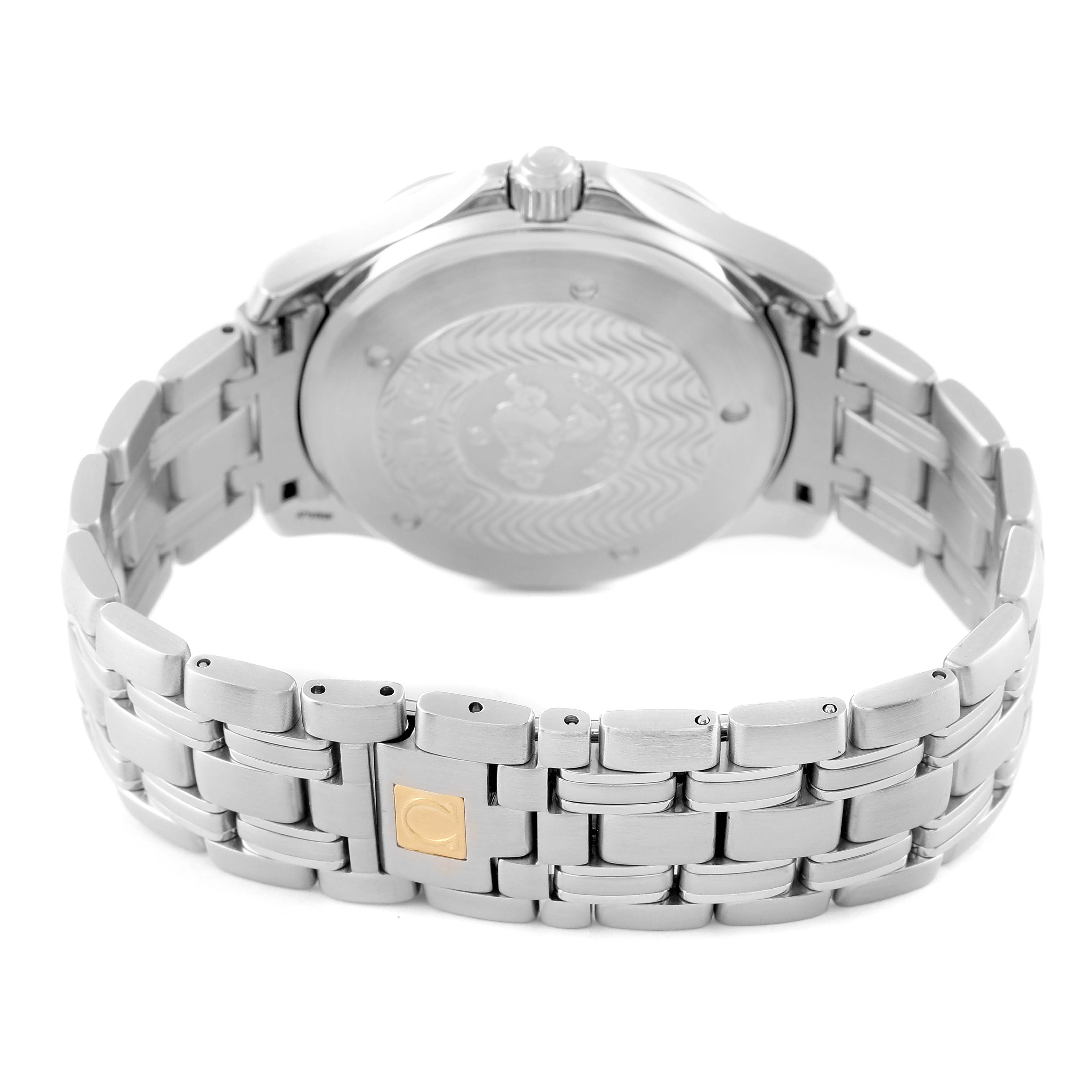 This image shows the back case and bracelet of an Omega Seamaster 2234.50.00 Men's Stainless Steel Black Dial 2234.50.00 Men's Stainless Steel Black Dial watch.