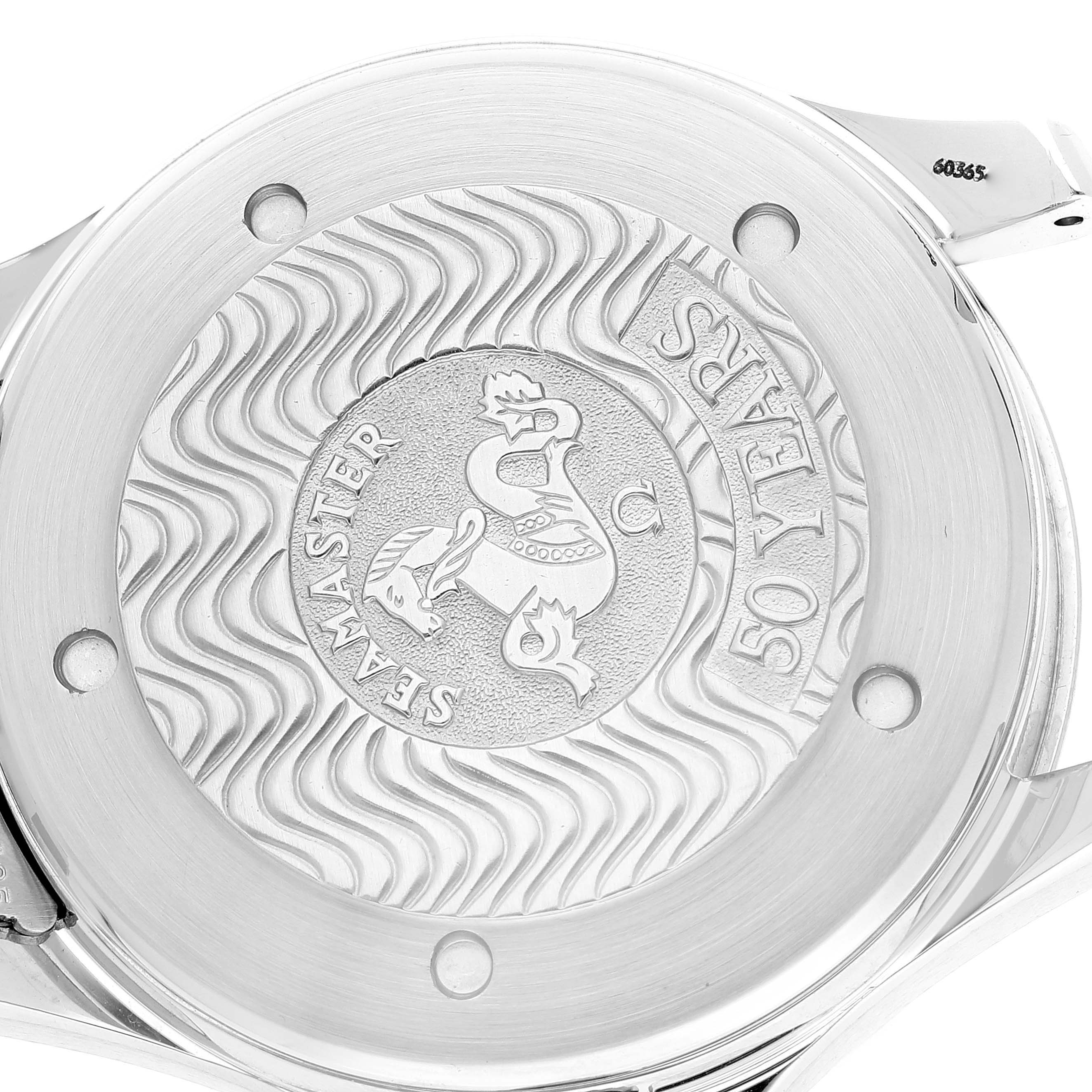 The image shows the back case of an Omega Seamaster 2234.50.00 Men's Stainless Steel Black Dial 2234.50.00 Men's Stainless Steel Black Dial watch, displaying the 50th anniversary engraving.