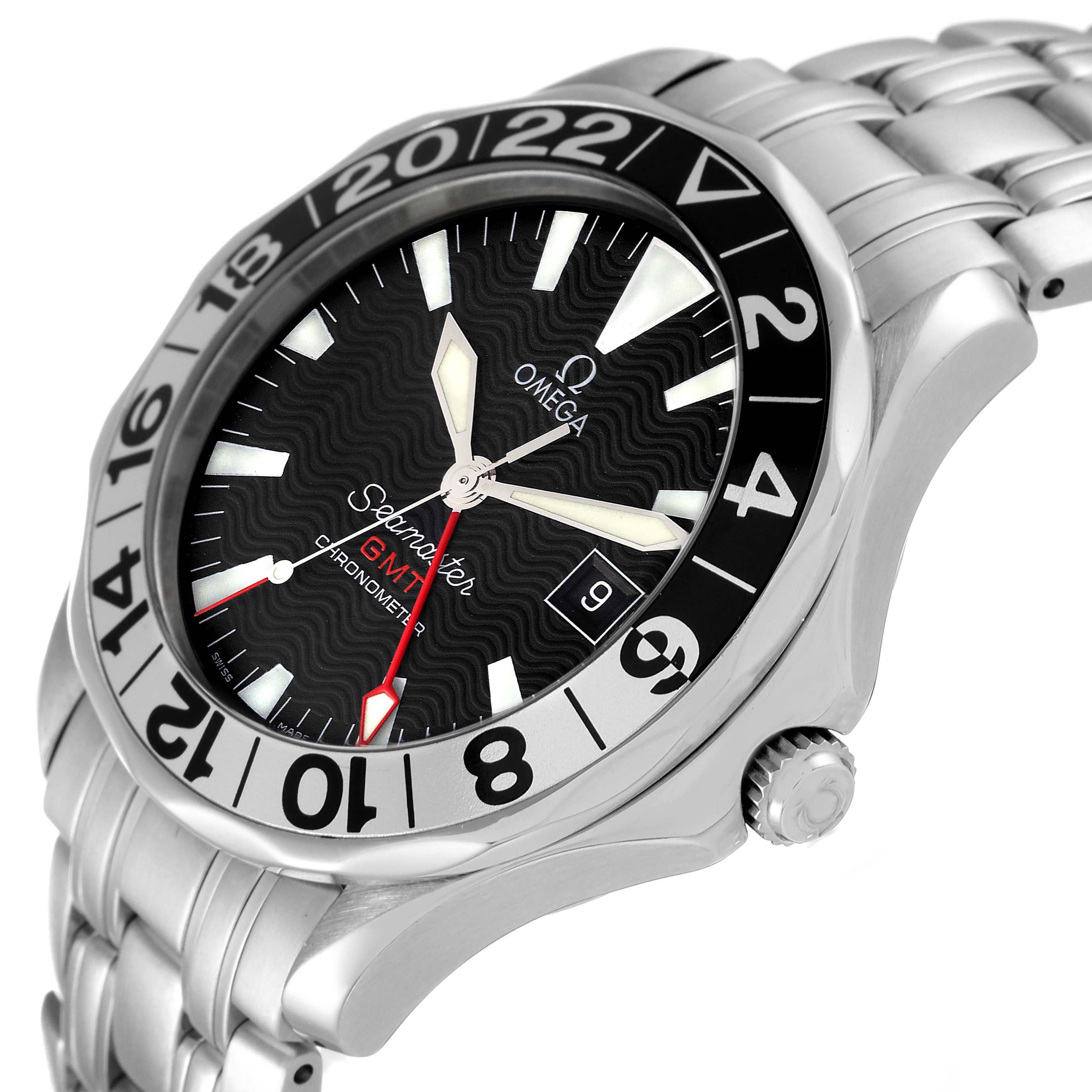 The image shows an angled view of the Omega Seamaster 2234.50.00 Men's Stainless Steel Black Dial 2234.50.00 Men's Stainless Steel Black Dial watch, highlighting the dial, bezel, crown, and part of the bracelet.