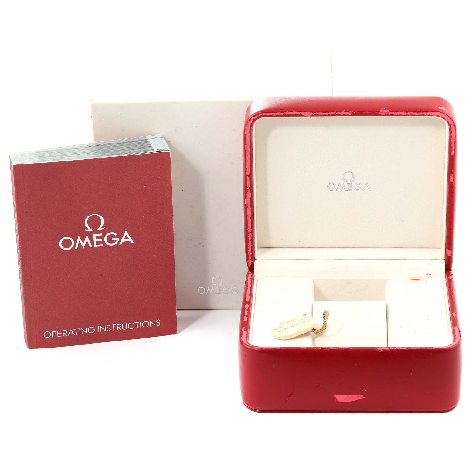 The image shows the packaging and operating instructions for an Omega Speedmaster 3513.80.00 Men's Stainless Steel Blue Dial 3513.80.00 Men's Stainless Steel Blue Dial watch.