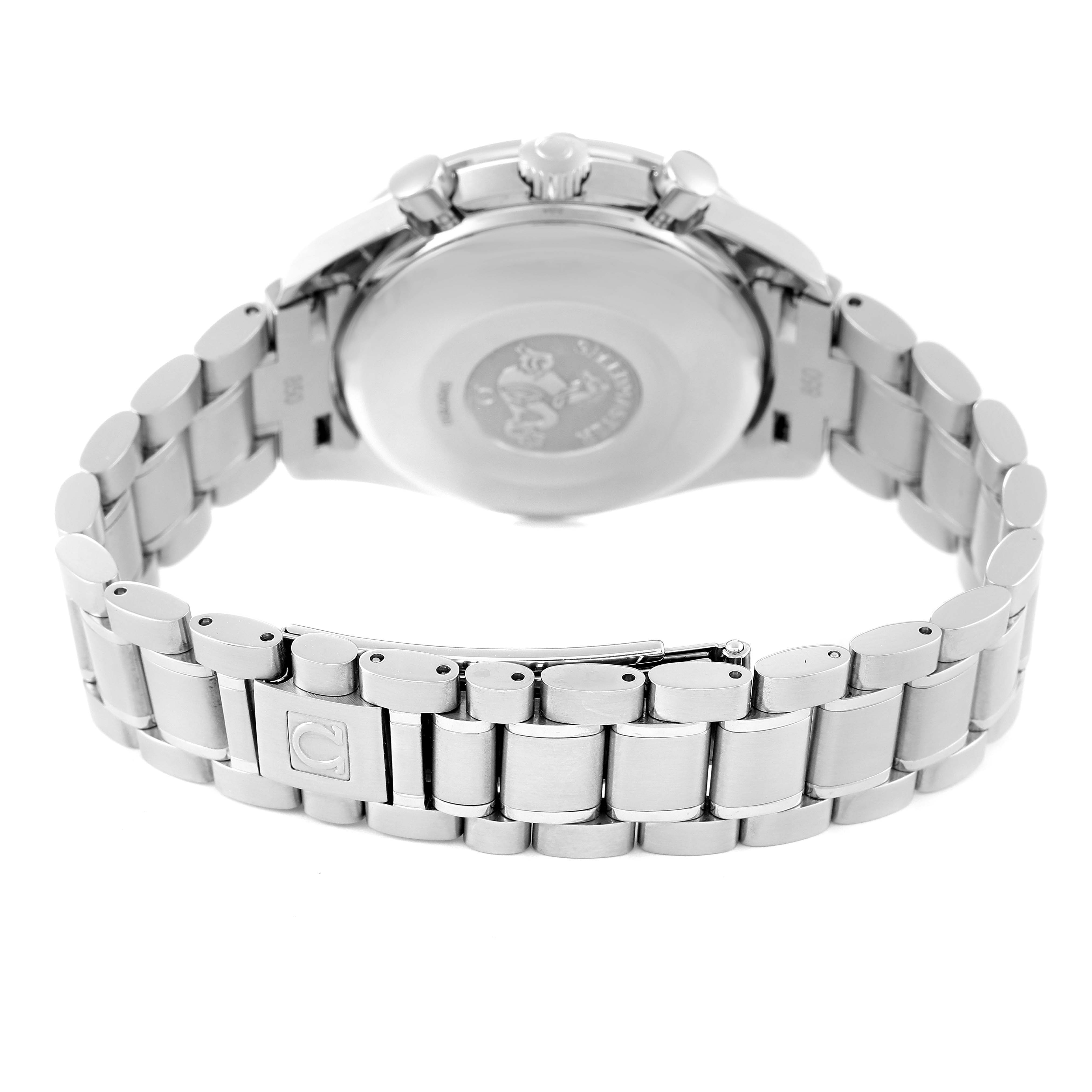 The image shows the back view of an Omega Speedmaster 3513.80.00 Men's Stainless Steel Blue Dial 3513.80.00 Men's Stainless Steel Blue Dial watch, highlighting the caseback and metal bracelet clasp.