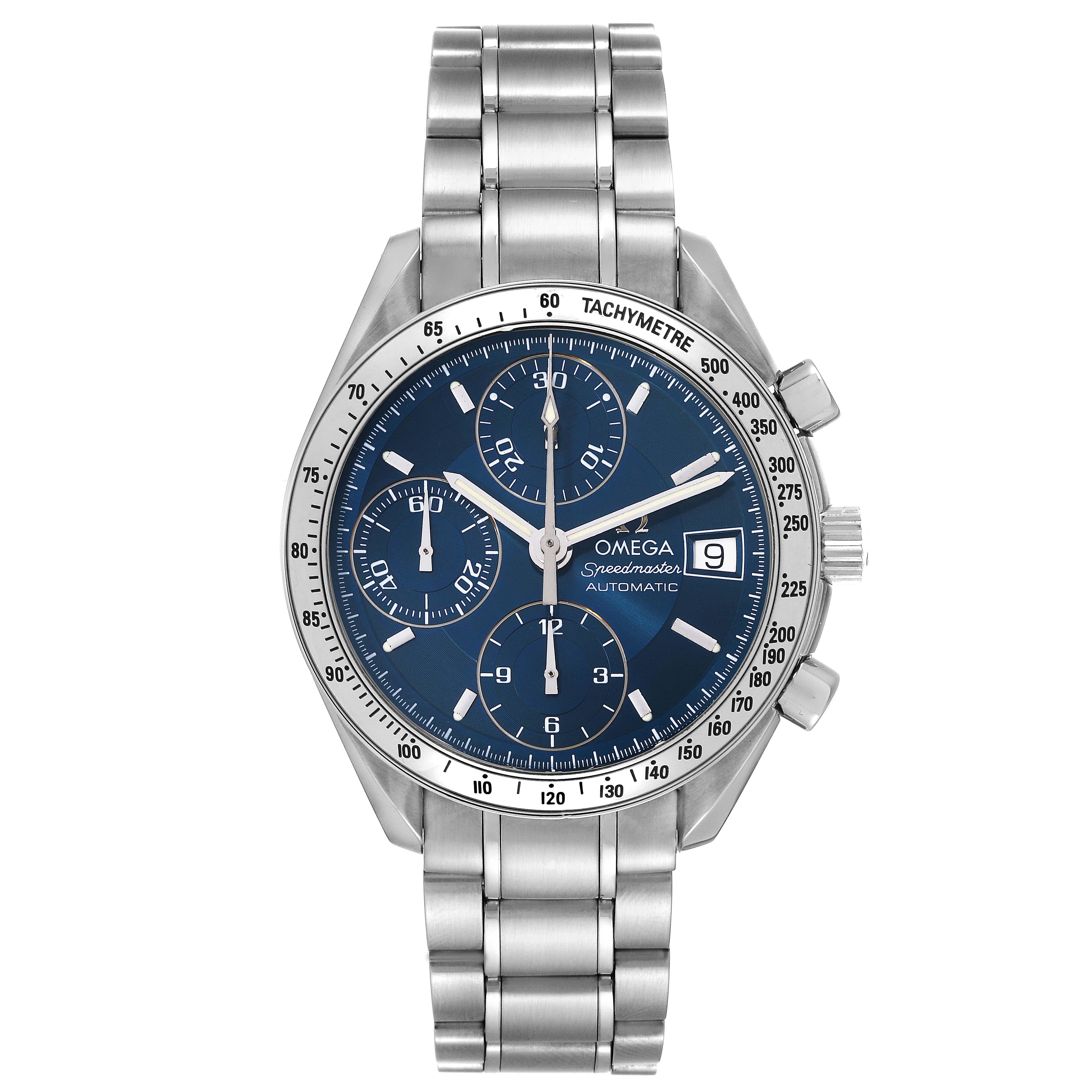 The image shows a frontal view of an Omega Speedmaster 3513.80.00 Men's Stainless Steel Blue Dial 3513.80.00 Men's Stainless Steel Blue Dial watch, displaying the face, bezel, and metal bracelet.