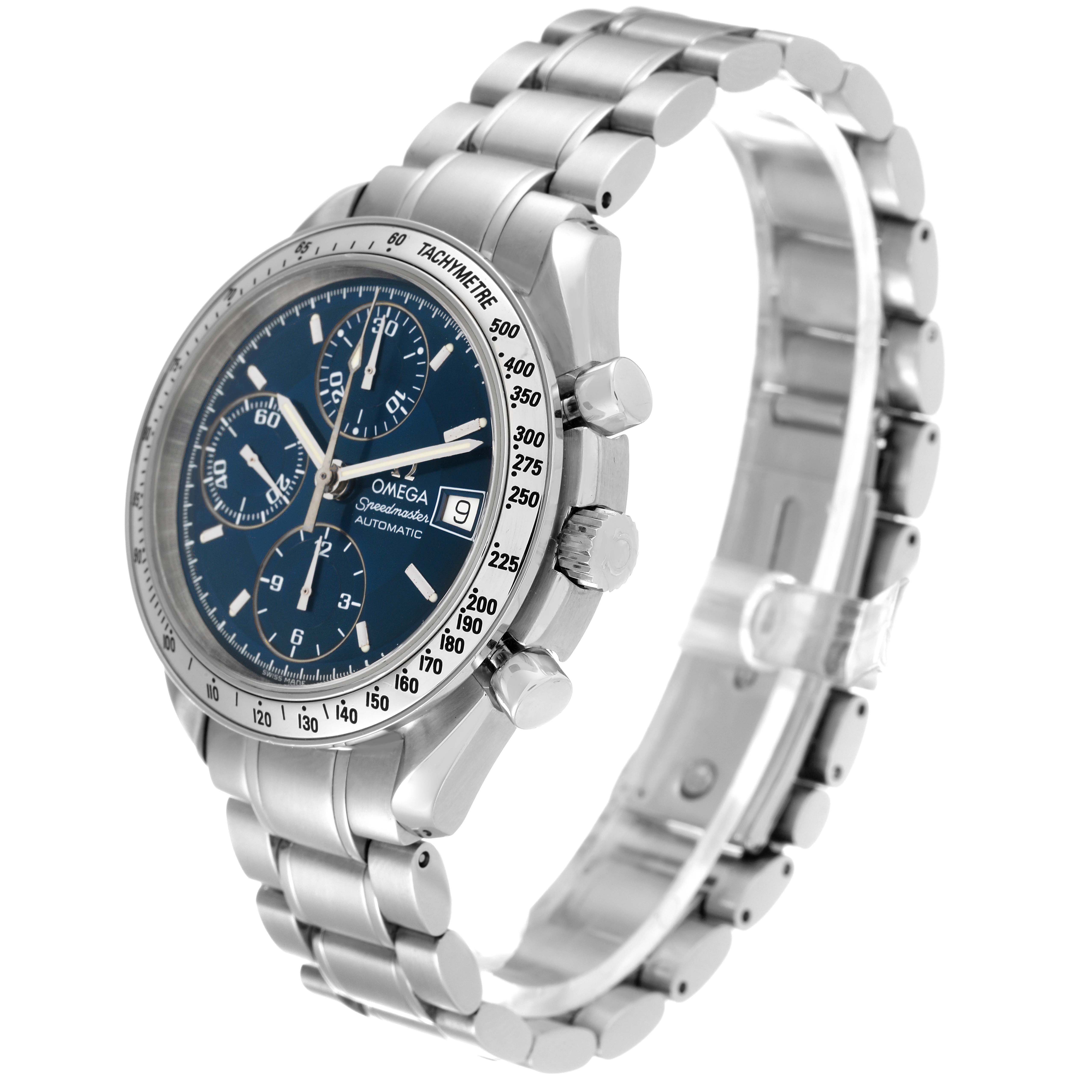 The Omega Speedmaster 3513.80.00 Men's Stainless Steel Blue Dial 3513.80.00 Men's Stainless Steel Blue Dial watch is shown from a side angle, displaying its face, chronograph buttons, date window, and metal bracelet.