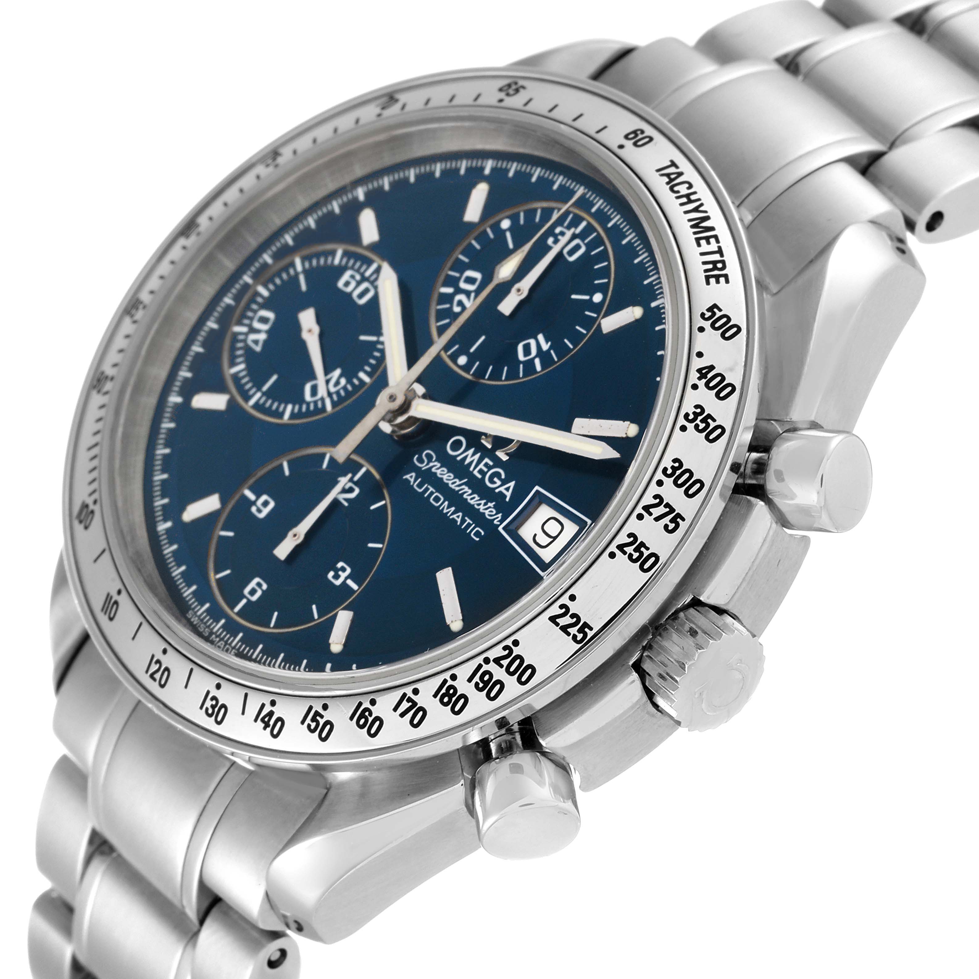 This Omega Speedmaster 3513.80.00 Men's Stainless Steel Blue Dial 3513.80.00 Men's Stainless Steel Blue Dial watch is shown from a side angle focusing on the face, bezel, and part of the bracelet.