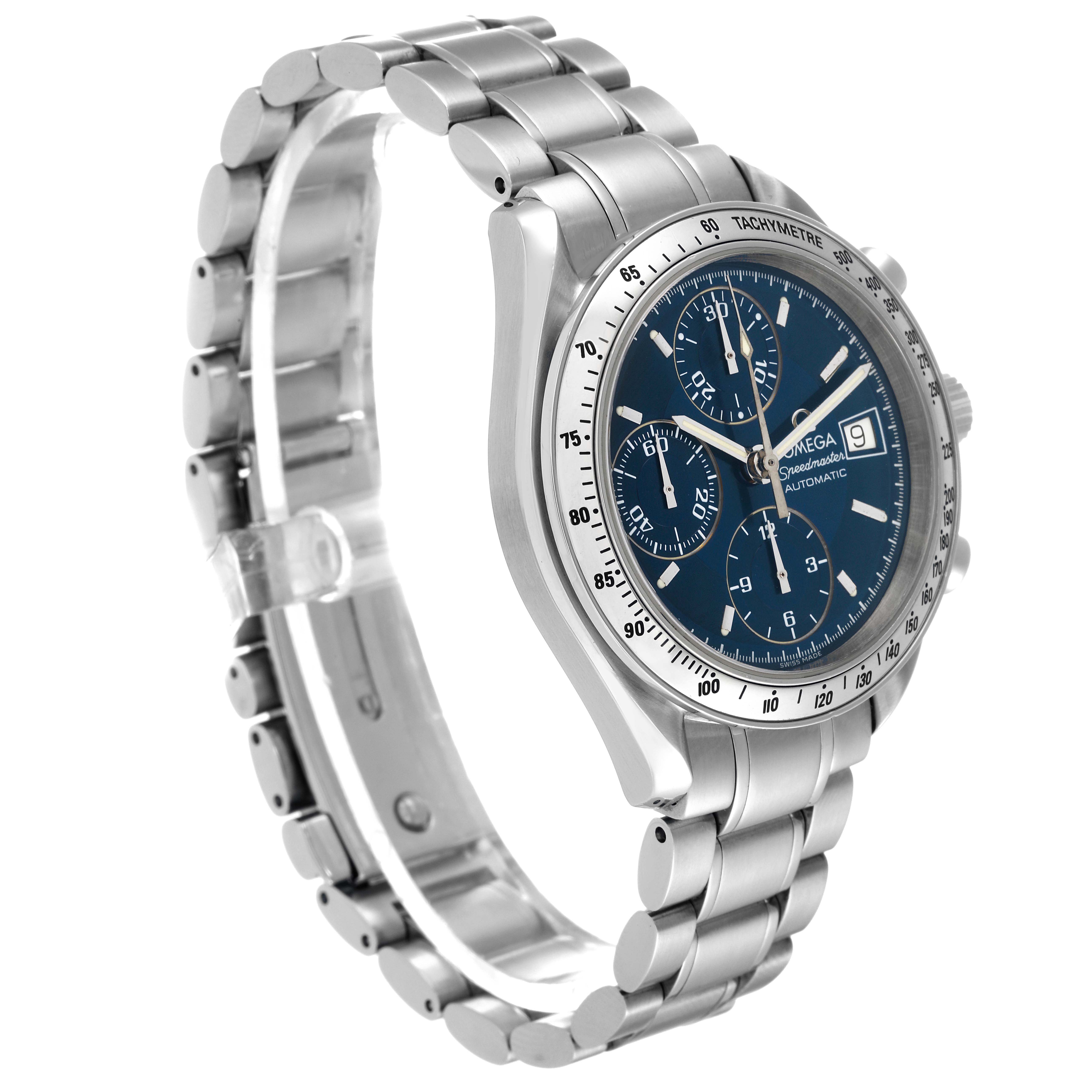 The Omega Speedmaster 3513.80.00 Men's Stainless Steel Blue Dial 3513.80.00 Men's Stainless Steel Blue Dial watch is shown at a three-quarter angle, displaying its face, bezel, lugs, and stainless steel bracelet.