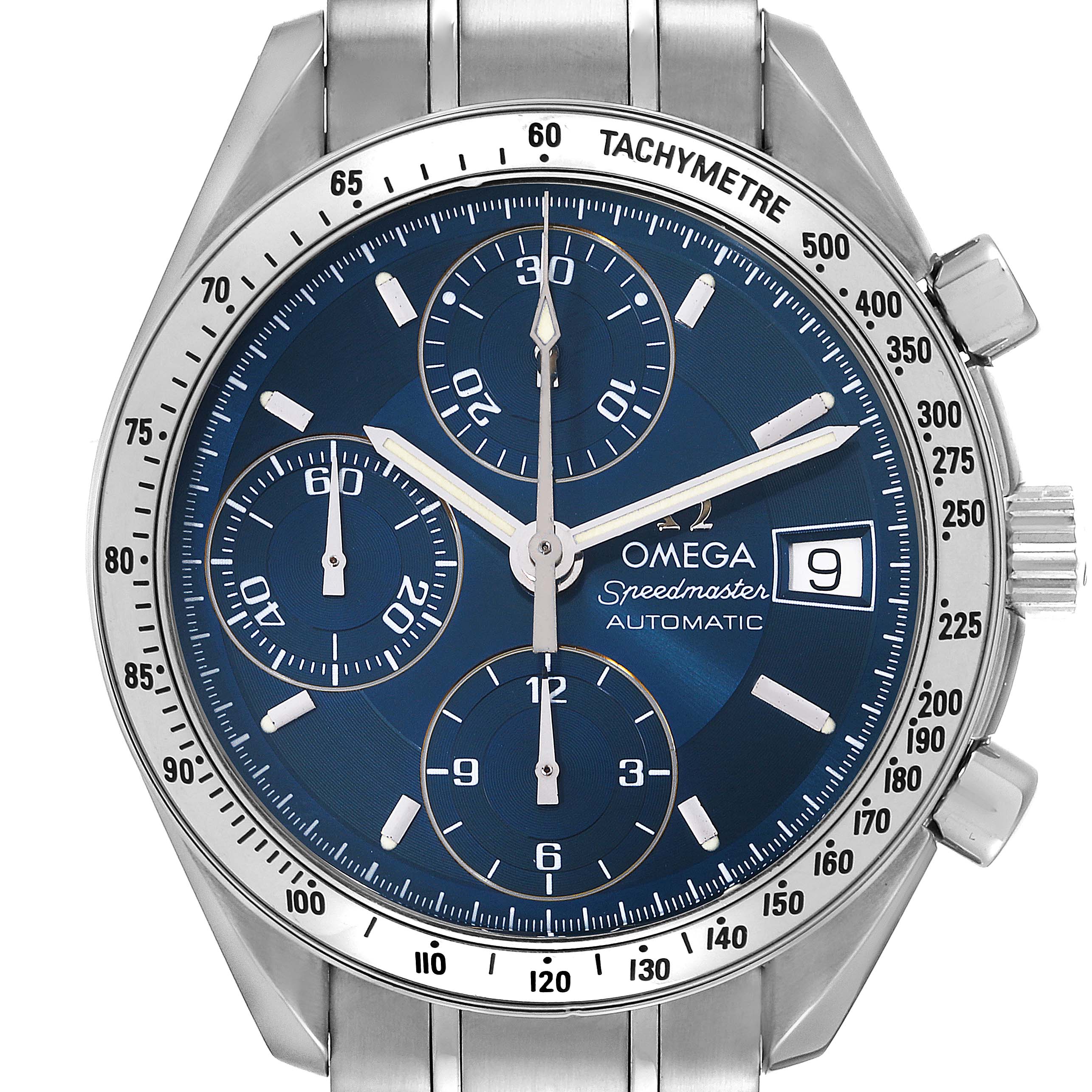 This image shows a front view of the Omega Speedmaster 3513.80.00 Men's Stainless Steel Blue Dial 3513.80.00 Men's Stainless Steel Blue Dial watch, highlighting the dial, subdials, tachymeter bezel, and crown.