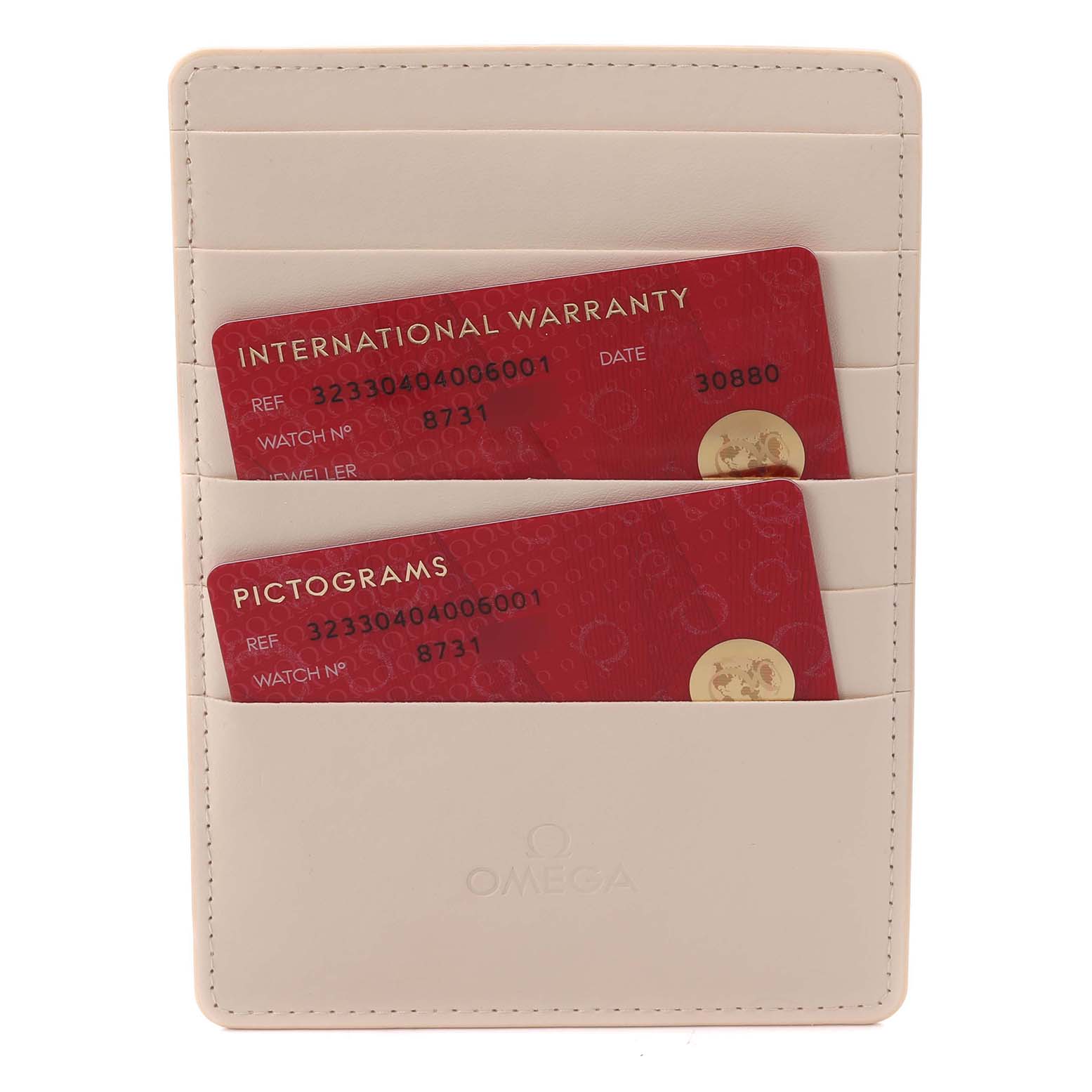 This image shows Omega Speedmaster 323.30.40.40.06.001 Men's Stainless Steel Grey Dial 323.30.40.40.06.001 Men's Stainless Steel Grey Dial accessories, including an international warranty and pictograms card in a holder.