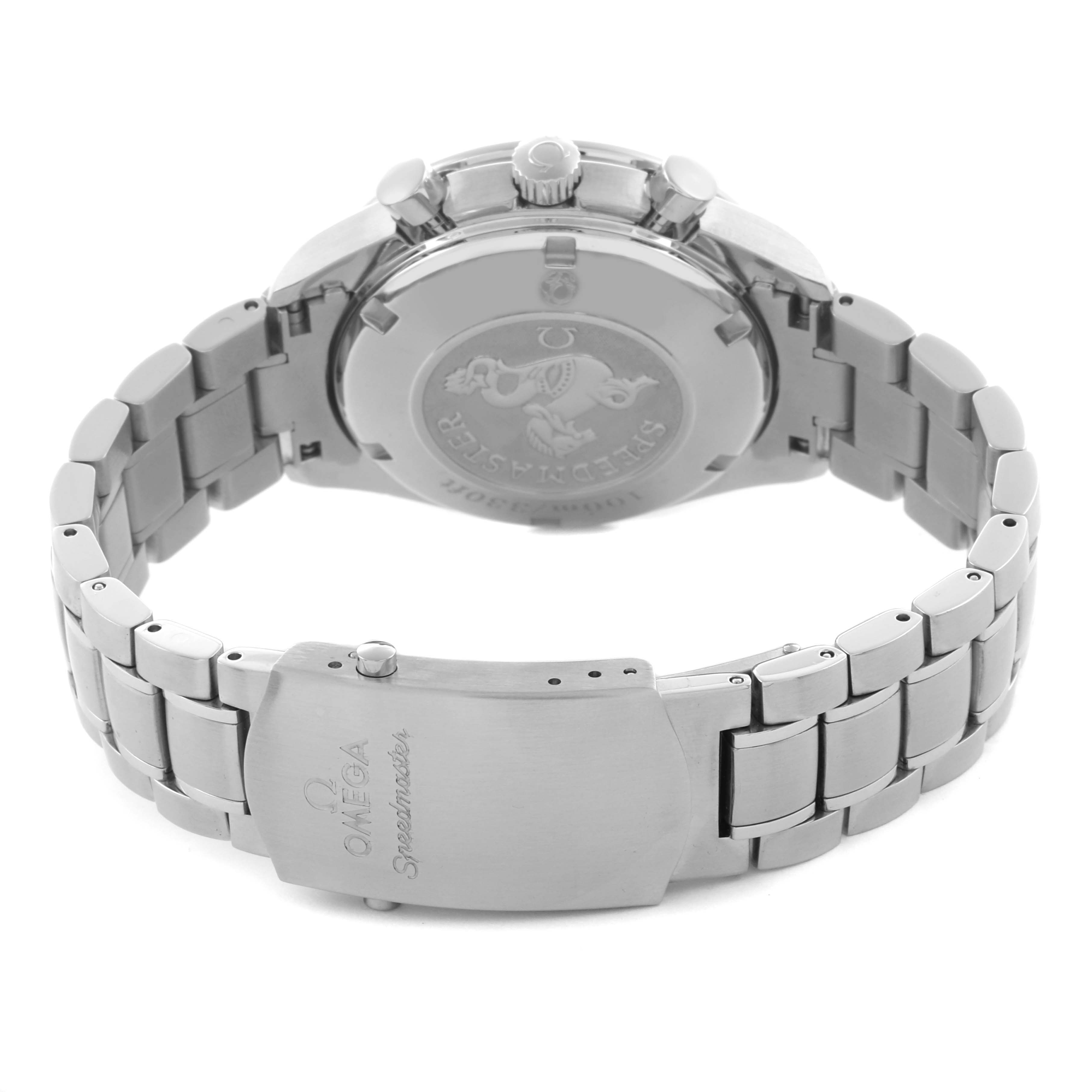 The Omega Speedmaster 323.30.40.40.06.001 Men's Stainless Steel Grey Dial 323.30.40.40.06.001 Men's Stainless Steel Grey Dial watch is shown from the back, highlighting the case back and bracelet clasp.