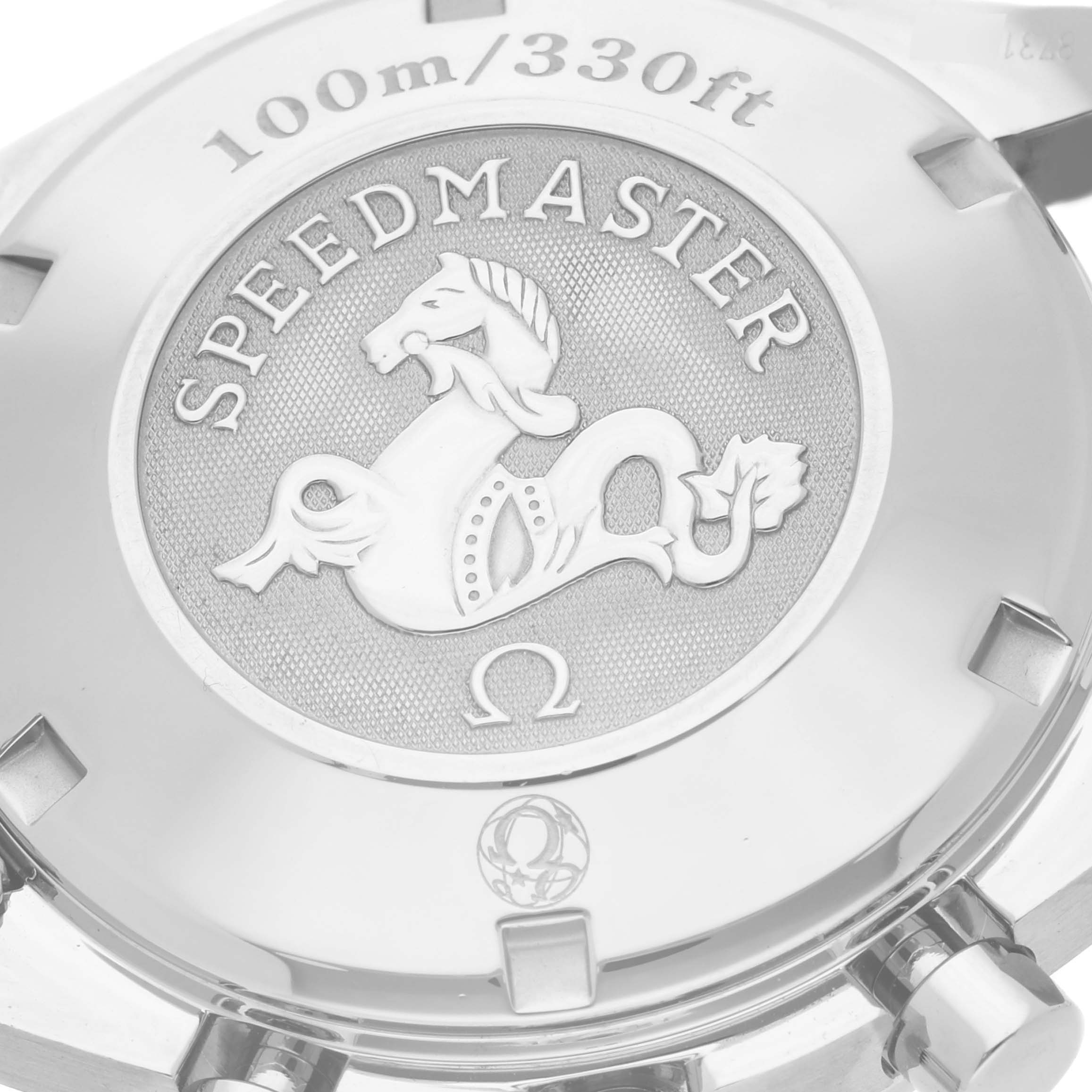 The image shows the back case of the Omega Speedmaster 323.30.40.40.06.001 Men's Stainless Steel Grey Dial 323.30.40.40.06.001 Men's Stainless Steel Grey Dial, featuring the embossed logo and water resistance details.