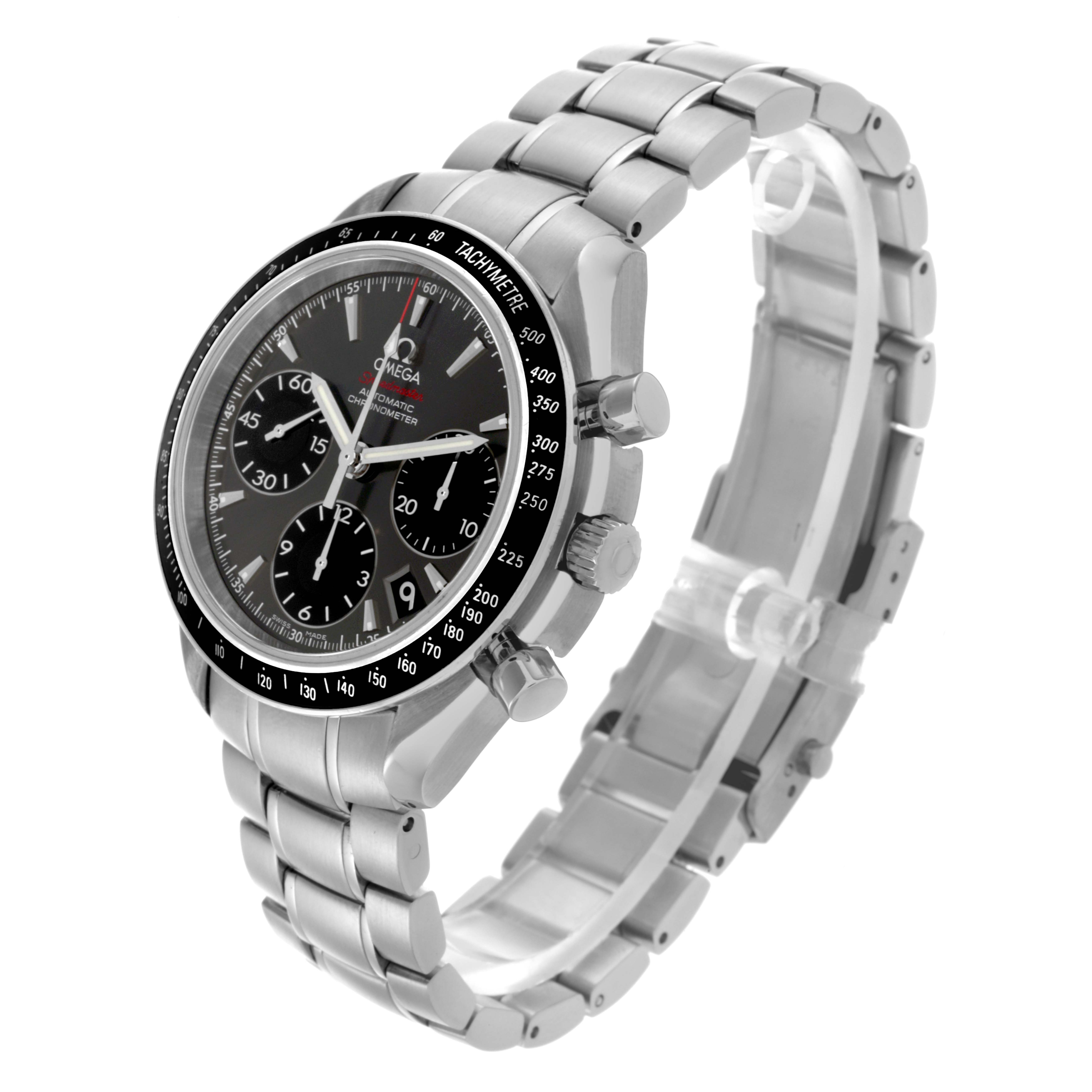 The Omega Speedmaster 323.30.40.40.06.001 Men's Stainless Steel Grey Dial 323.30.40.40.06.001 Men's Stainless Steel Grey Dial watch is shown at a three-quarter angle, highlighting its dial, bezel, crown, pushers, and bracelet.
