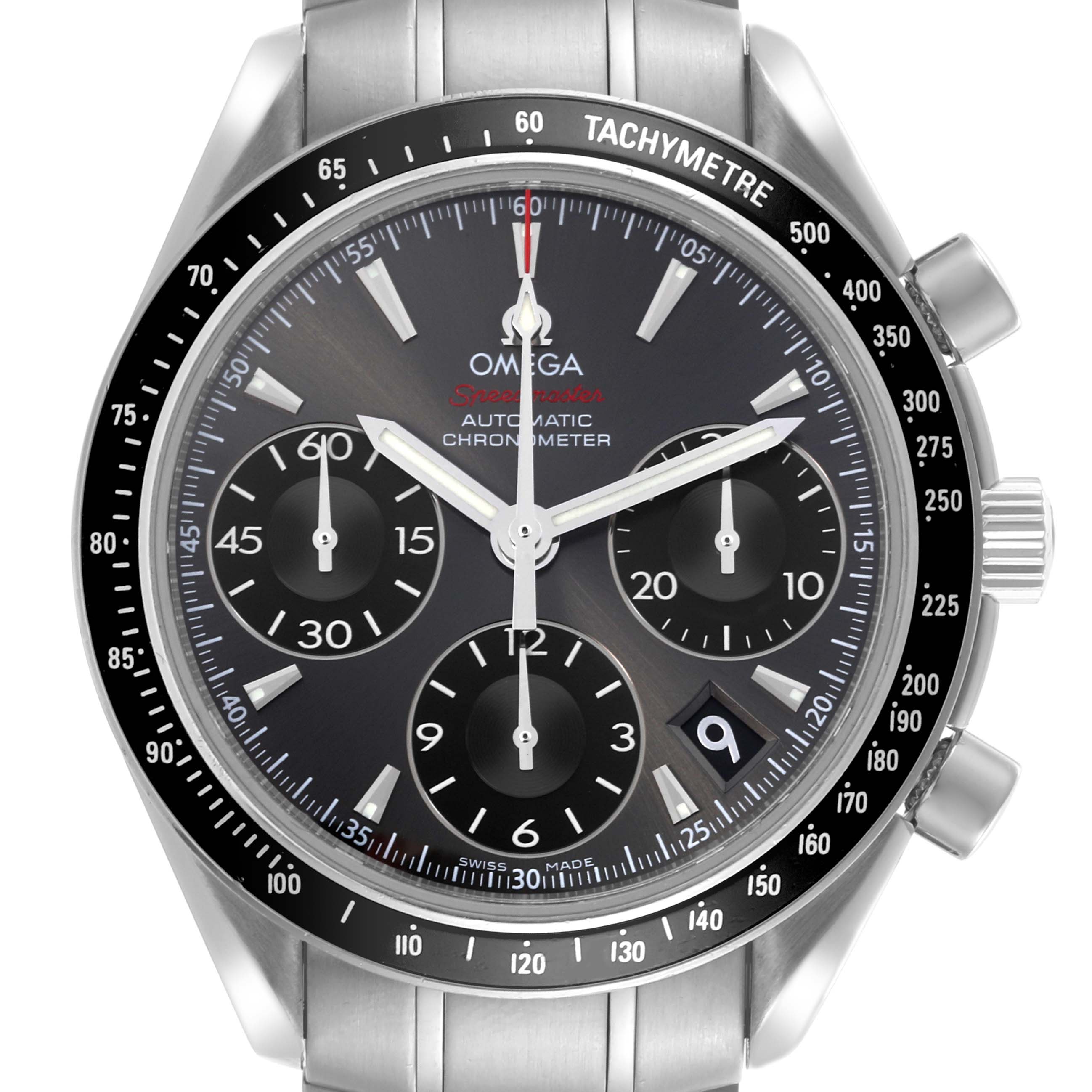 The Omega Speedmaster 323.30.40.40.06.001 Men's Stainless Steel Grey Dial 323.30.40.40.06.001 Men's Stainless Steel Grey Dial watch is shown from the front, featuring the dial, bezel, subdials, crown, and stainless steel bracelet.