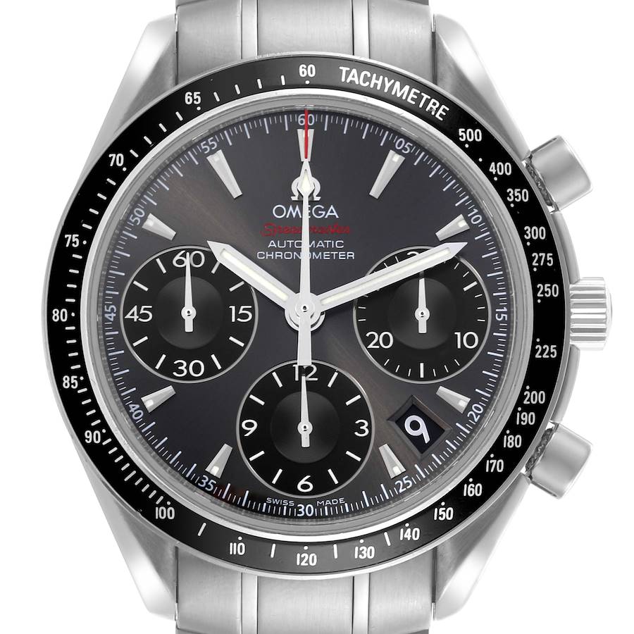 The Omega Speedmaster watch is shown from the front, featuring the dial, bezel, subdials, crown, and stainless steel bracelet.