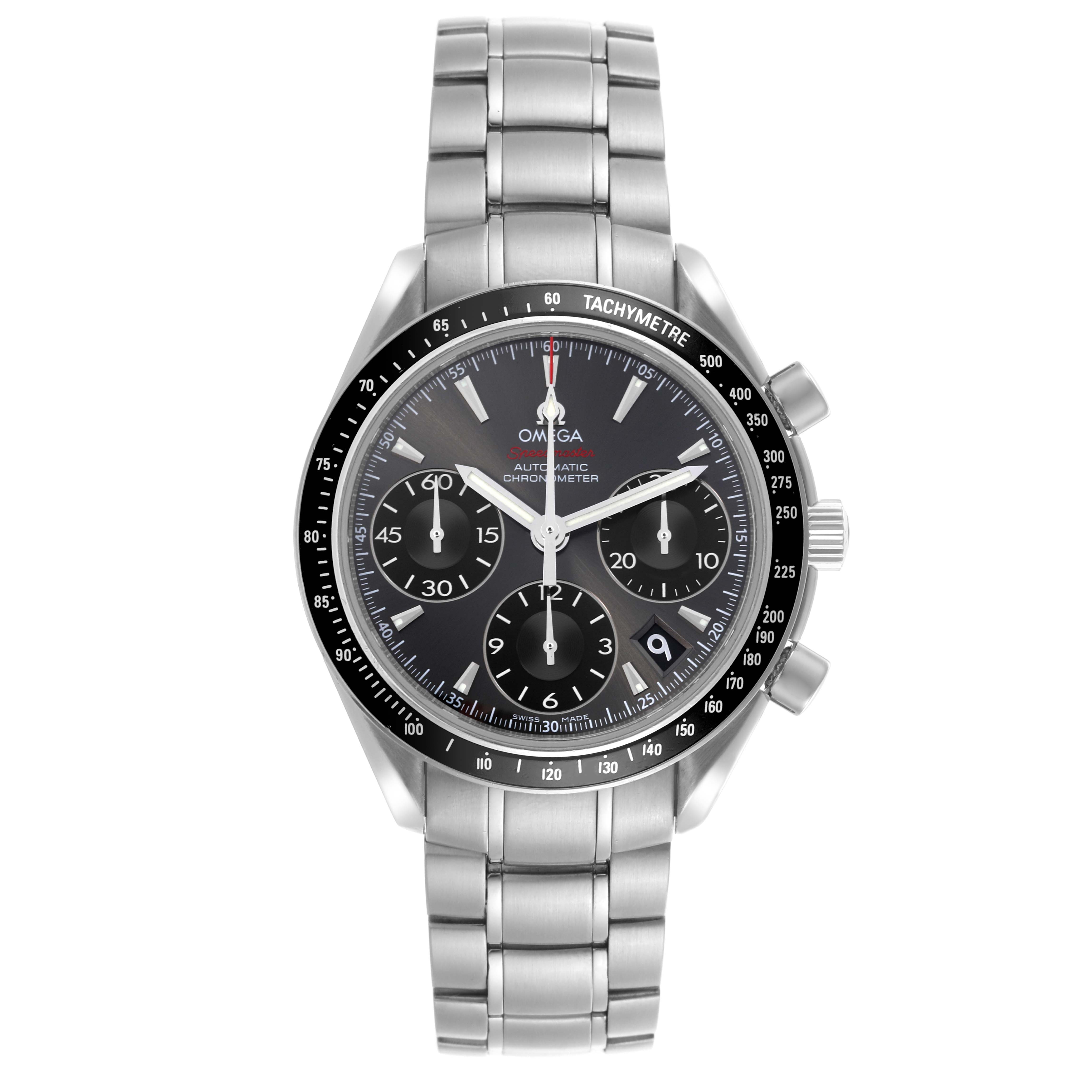 The Omega Speedmaster 323.30.40.40.06.001 Men's Stainless Steel Grey Dial 323.30.40.40.06.001 Men's Stainless Steel Grey Dial is shown from a front view, displaying the dial, bezel, and stainless steel bracelet.