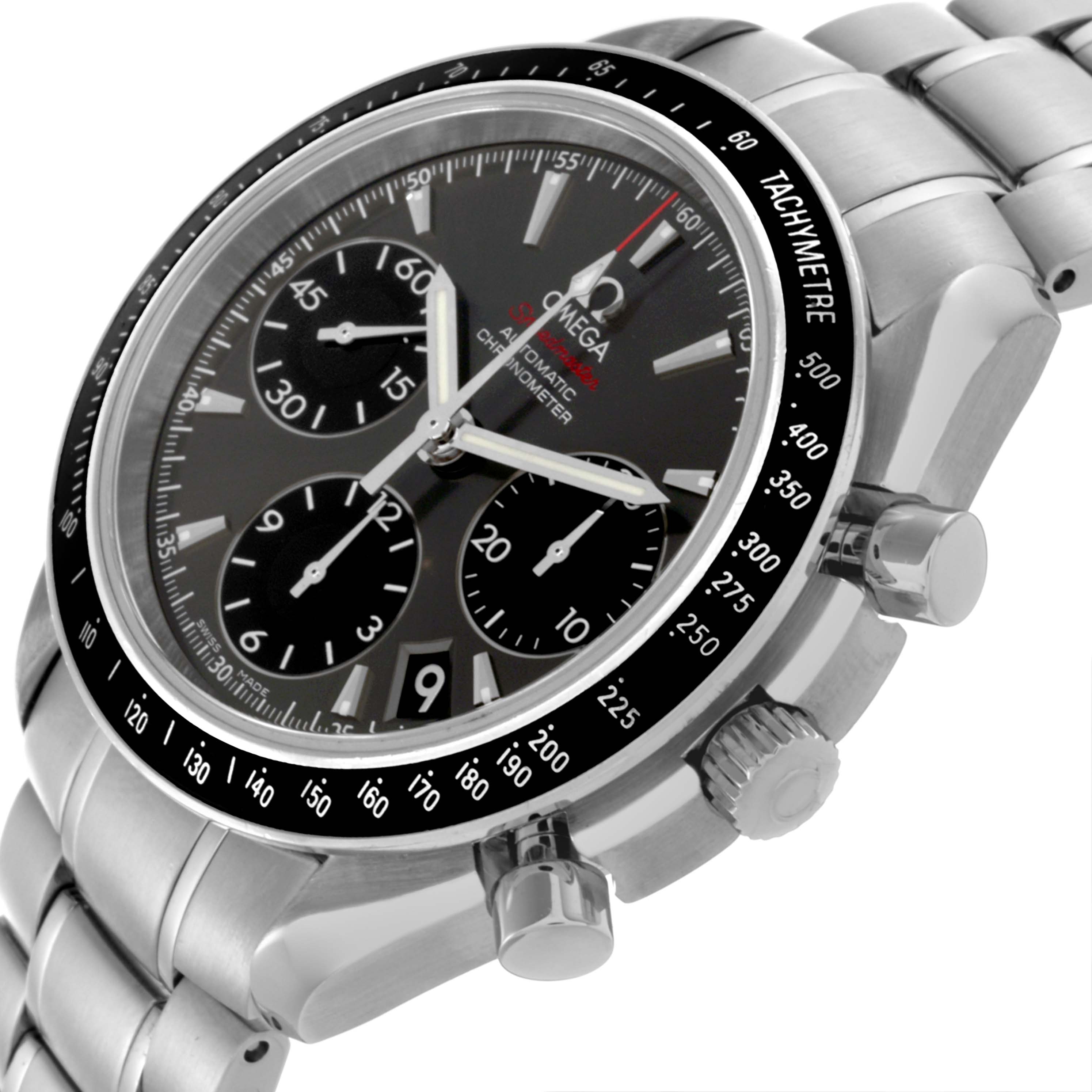 The Omega Speedmaster 323.30.40.40.06.001 Men's Stainless Steel Grey Dial 323.30.40.40.06.001 Men's Stainless Steel Grey Dial watch is shown at an angled side view, displaying the bezel, tachymeter, sub-dials, and pushers.